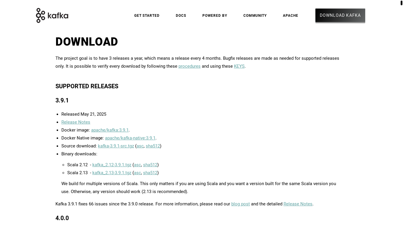 website screenshot of https://kafka.apache.org/downloads