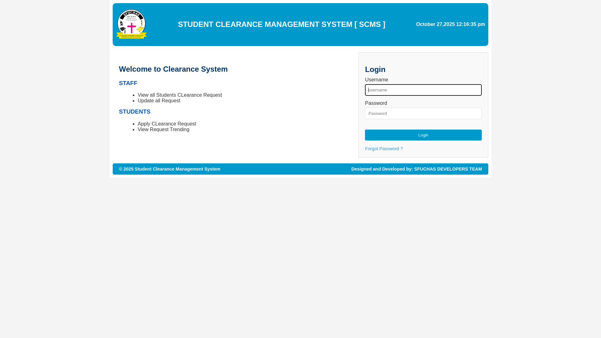 website screenshot of https://sfuchas-student-clearance-s-5bsa8.sevalla.app