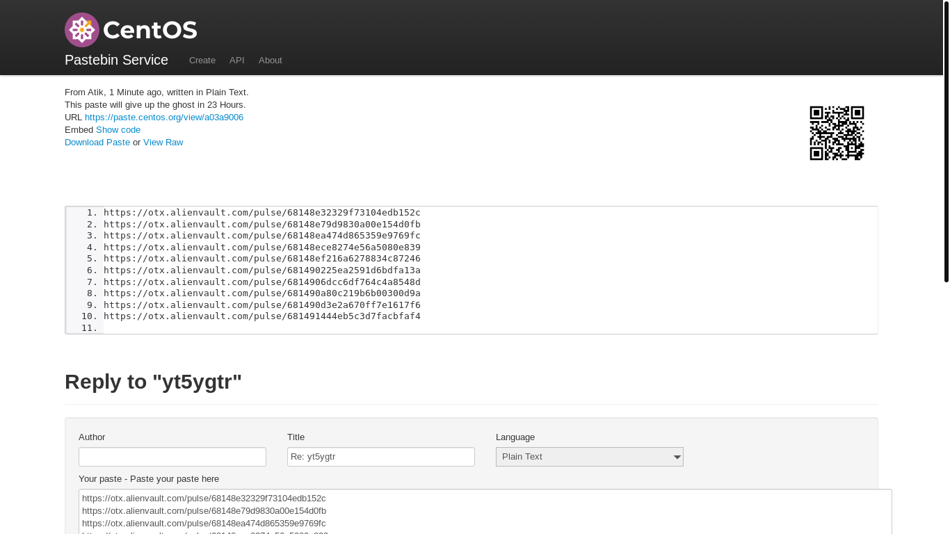 website screenshot of https://paste.centos.org/view/a03a9006