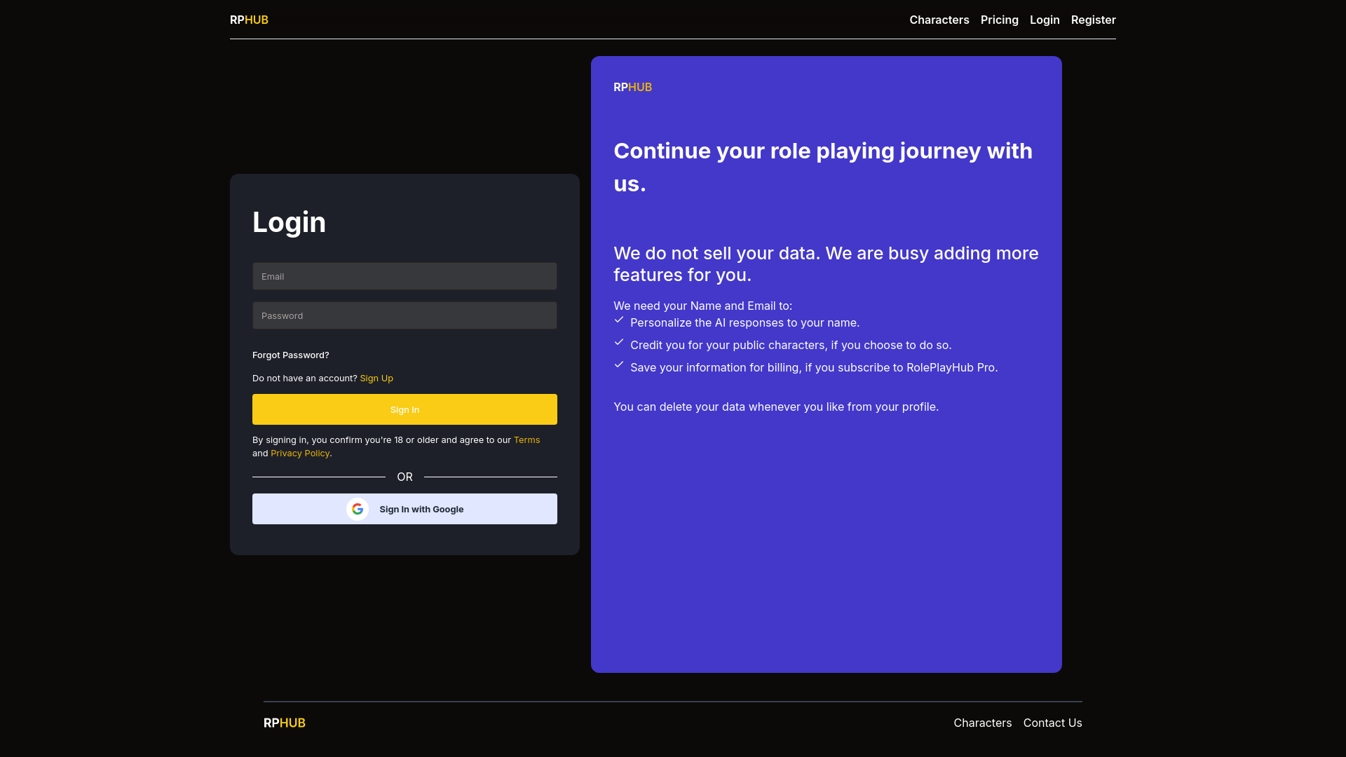 website screenshot of https://www.roleplayhub.app/login