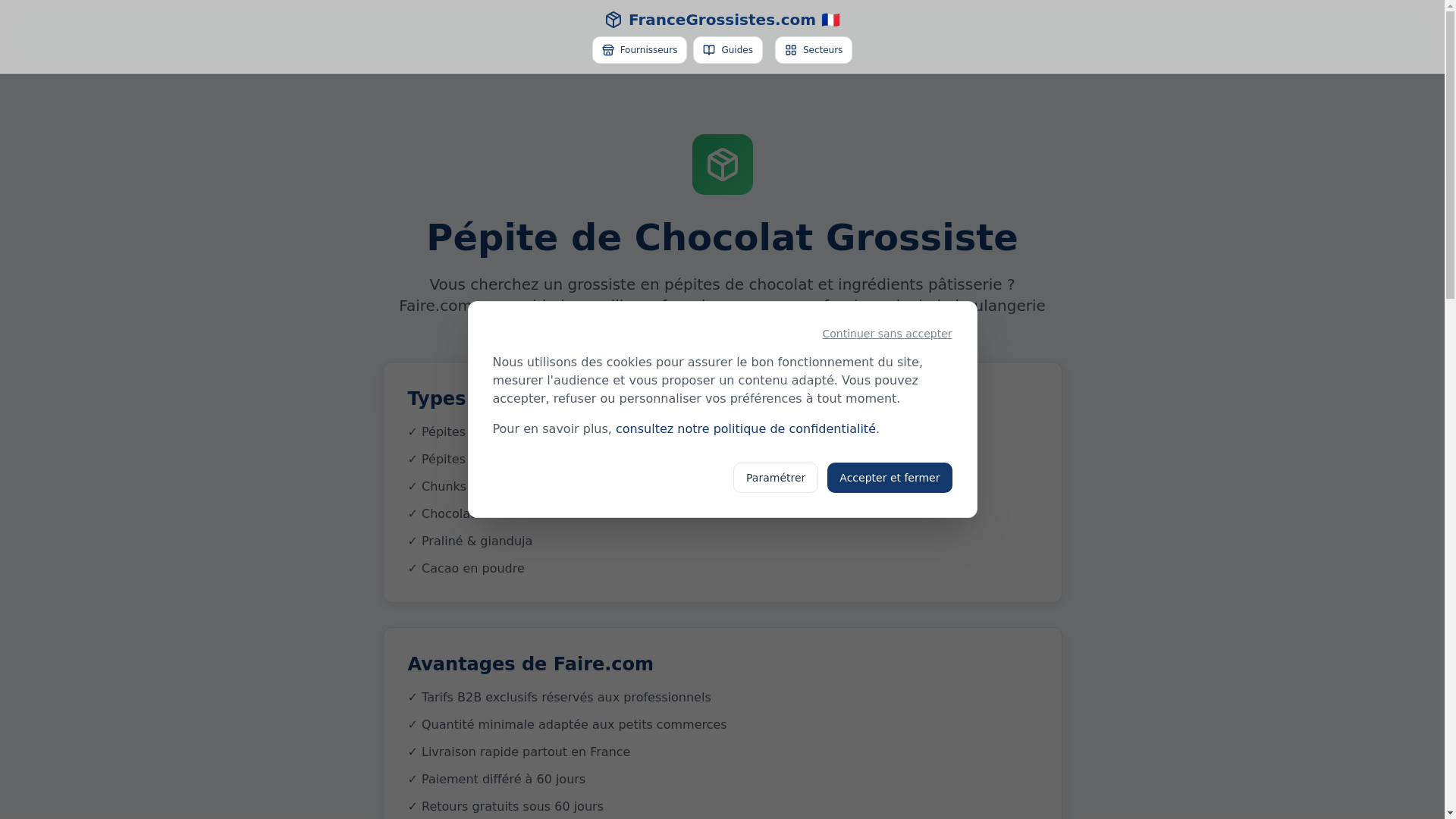 website screenshot of https://pepitedechocolatgrossiste.fr/