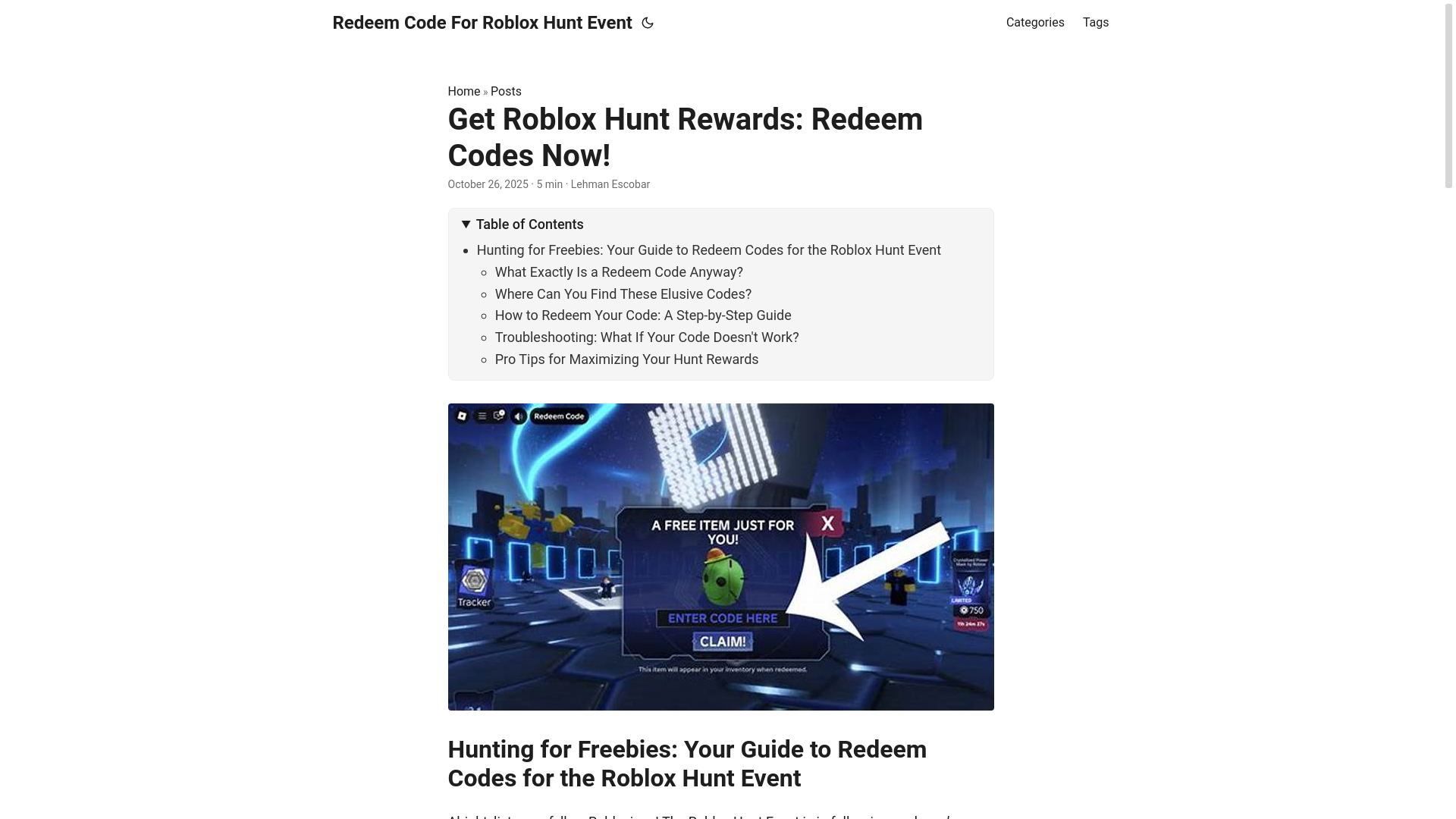 website screenshot of https://redeem-code-for-roblox-hunt-event.pages.dev/