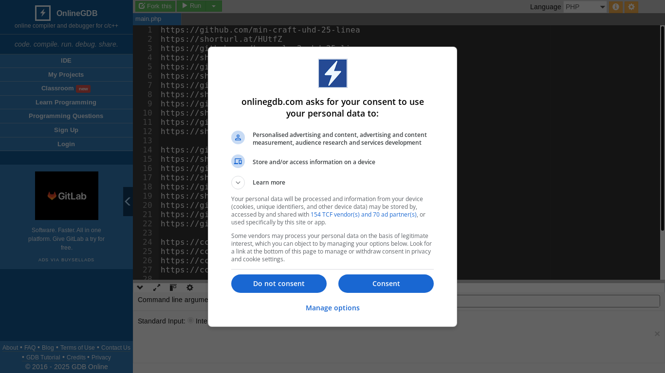 website screenshot of https://onlinegdb.com/4uXbBc4Fix