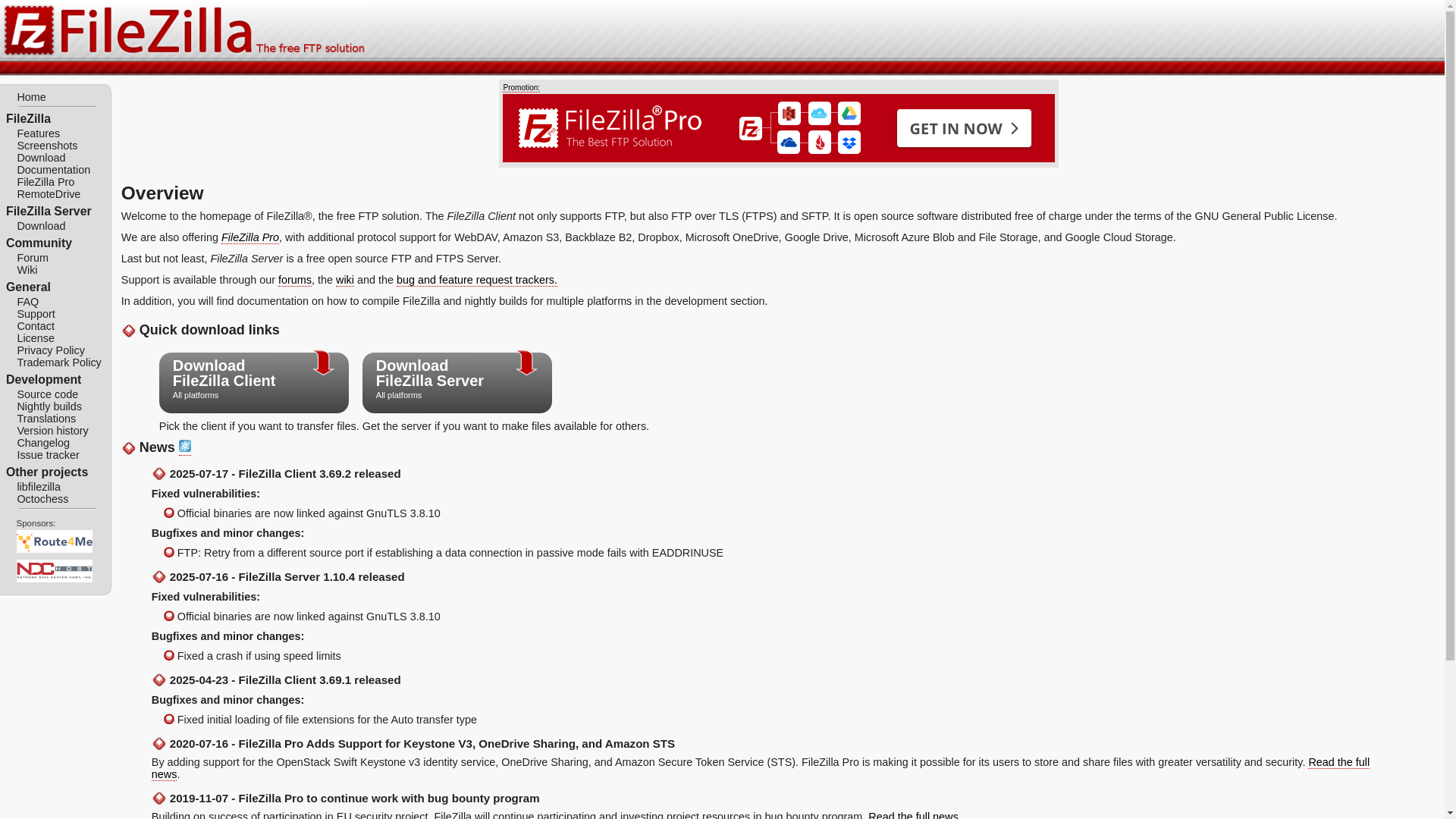 website screenshot of https://filezilla-project.org/