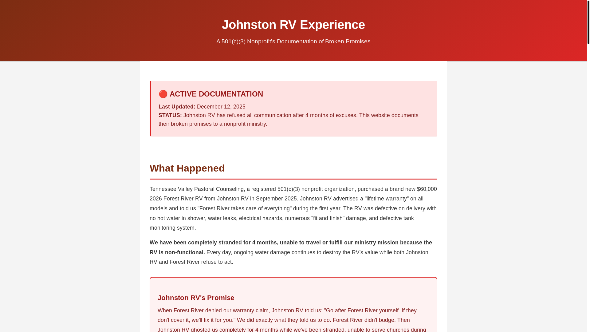 website screenshot of https://johnstonrvexperience.com/