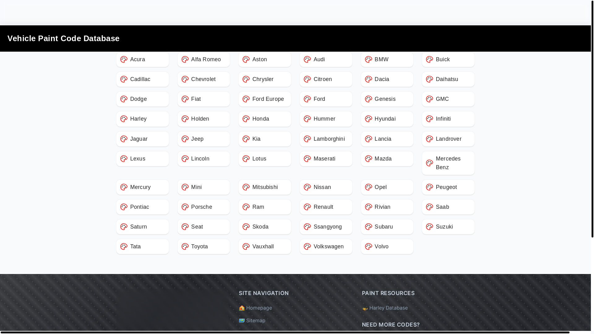 website screenshot of https://vehiclepaintcodedatabase.com/