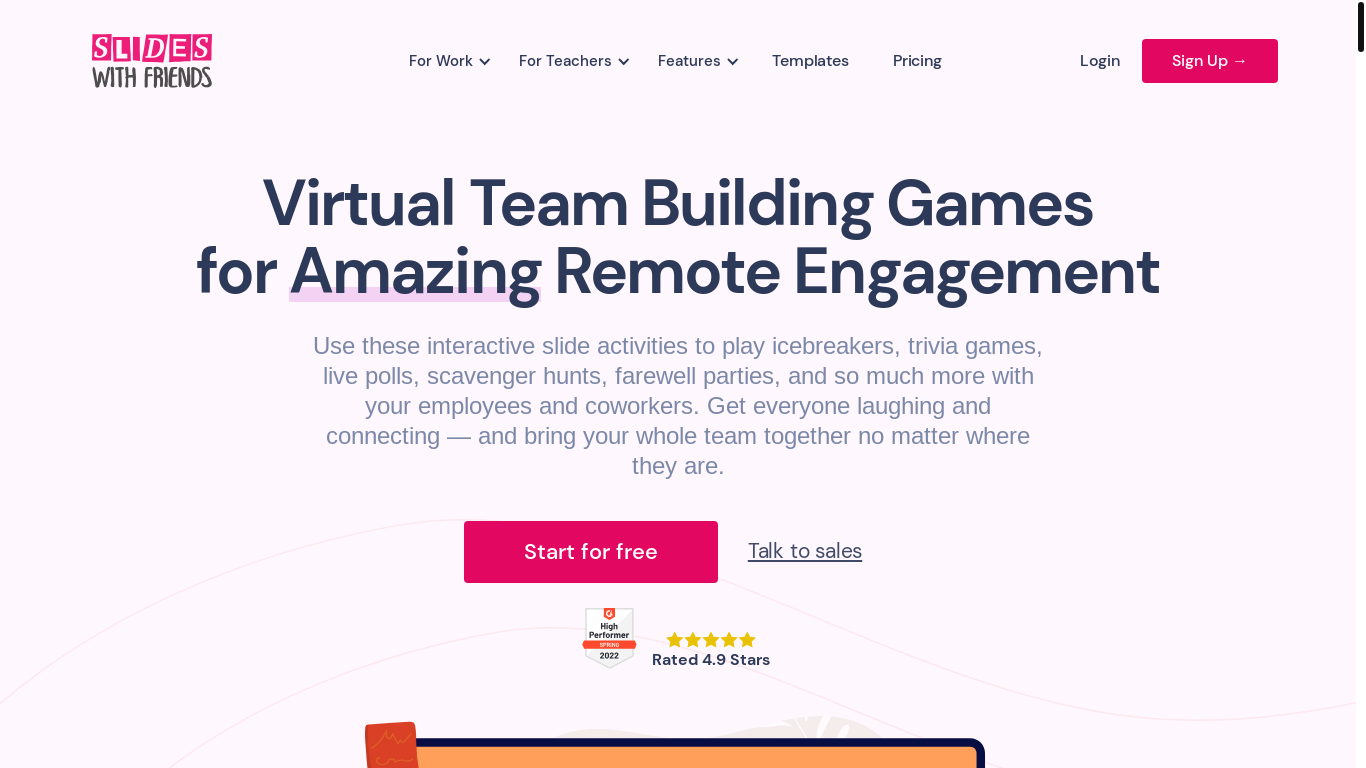 website screenshot of https://slideswith.com/online-team-building-games