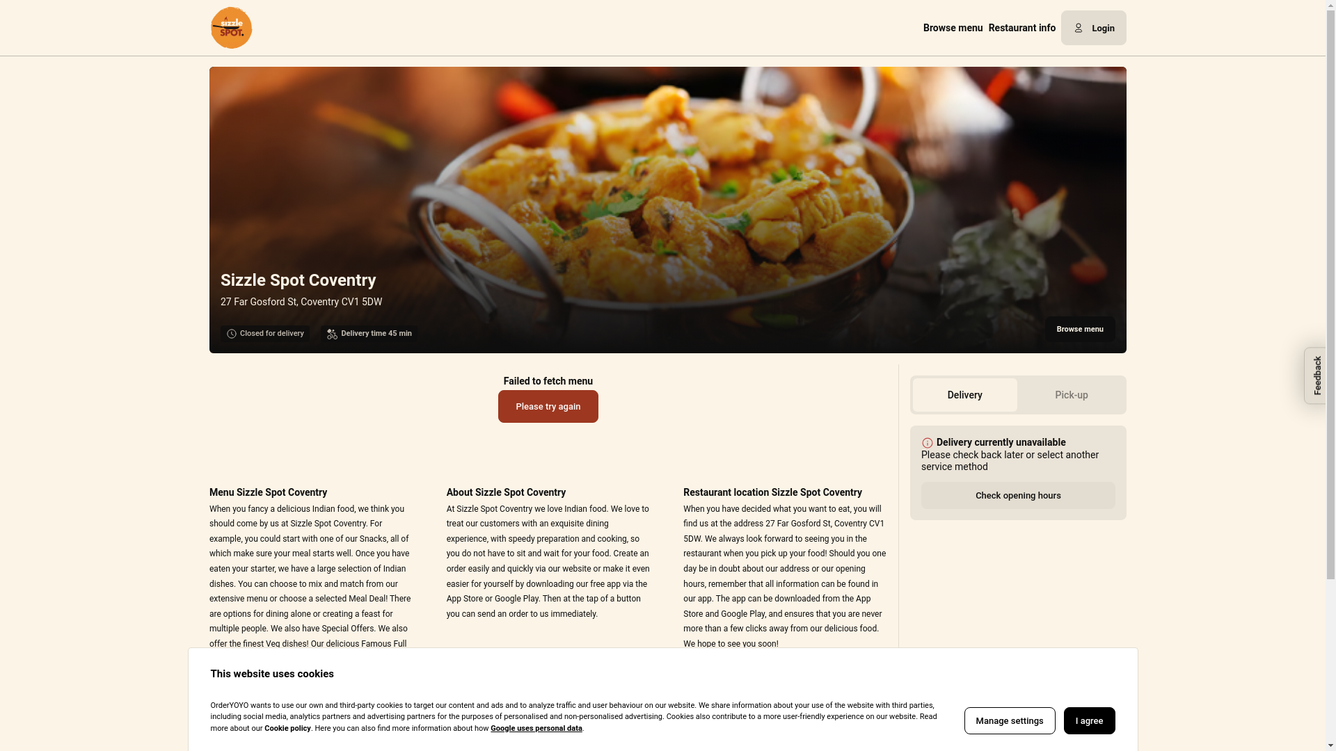 website screenshot of https://sizzlespotcoventry.co.uk/