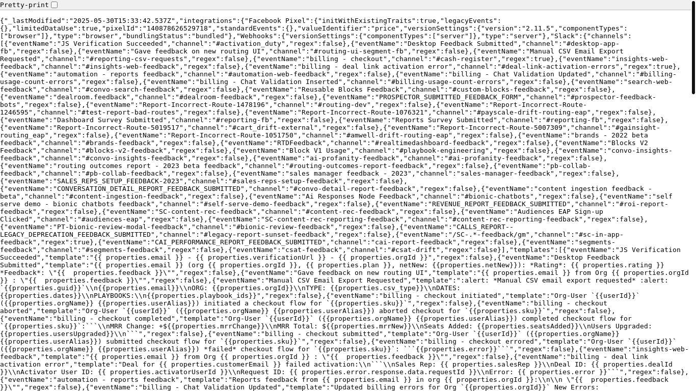 website screenshot of https://cdn.segment.com/v1/projects/YXwH8WAoOobo2Fa0YwXM5a1Ag09H7LXX/settings