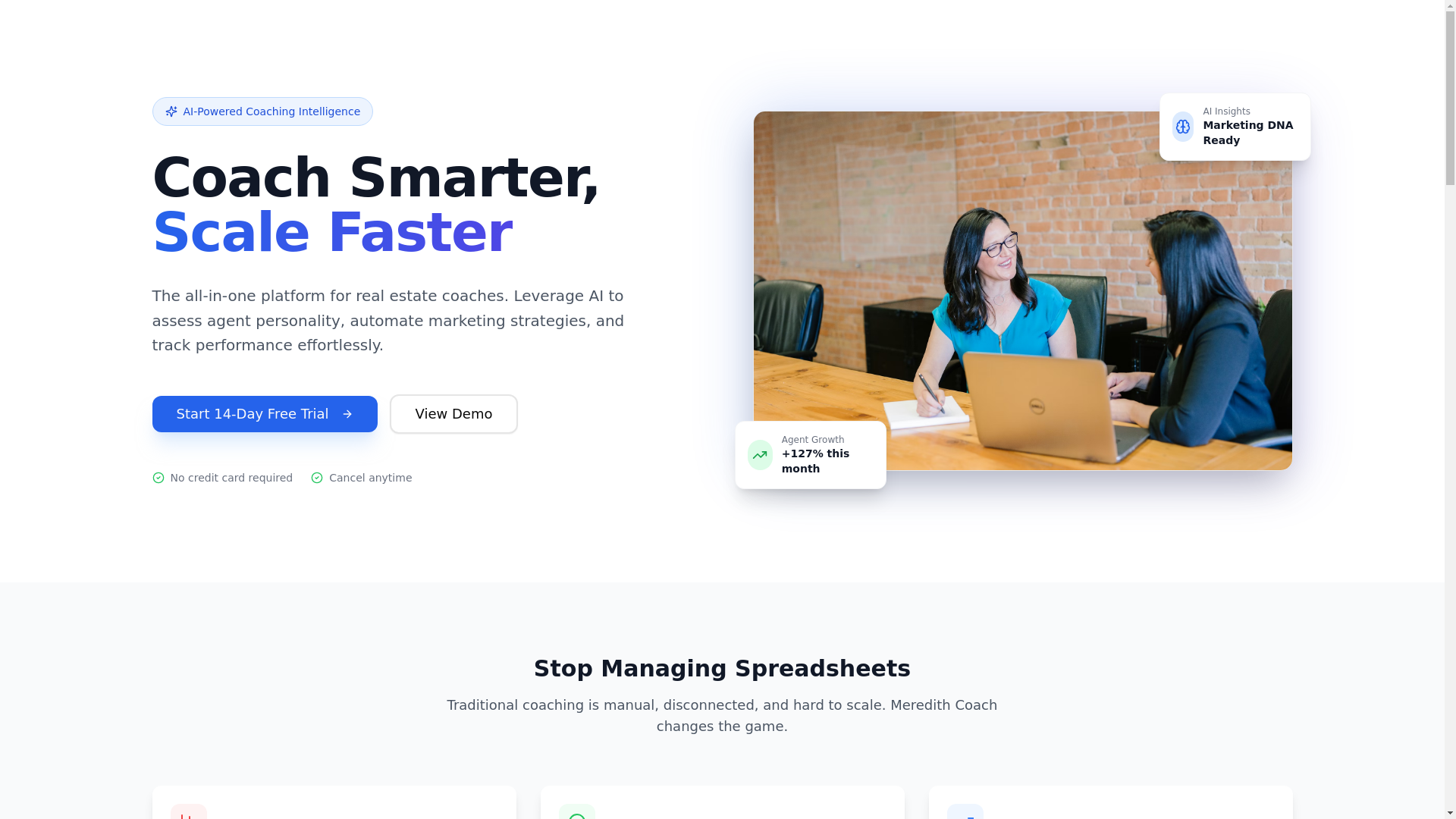 website screenshot of https://meredithcoachcrm.com/