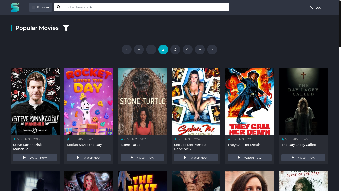 website screenshot of https://sflix2.to/movie?page=2