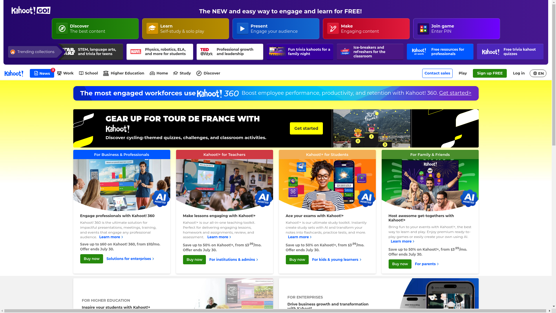website screenshot of https://kahoot.com/