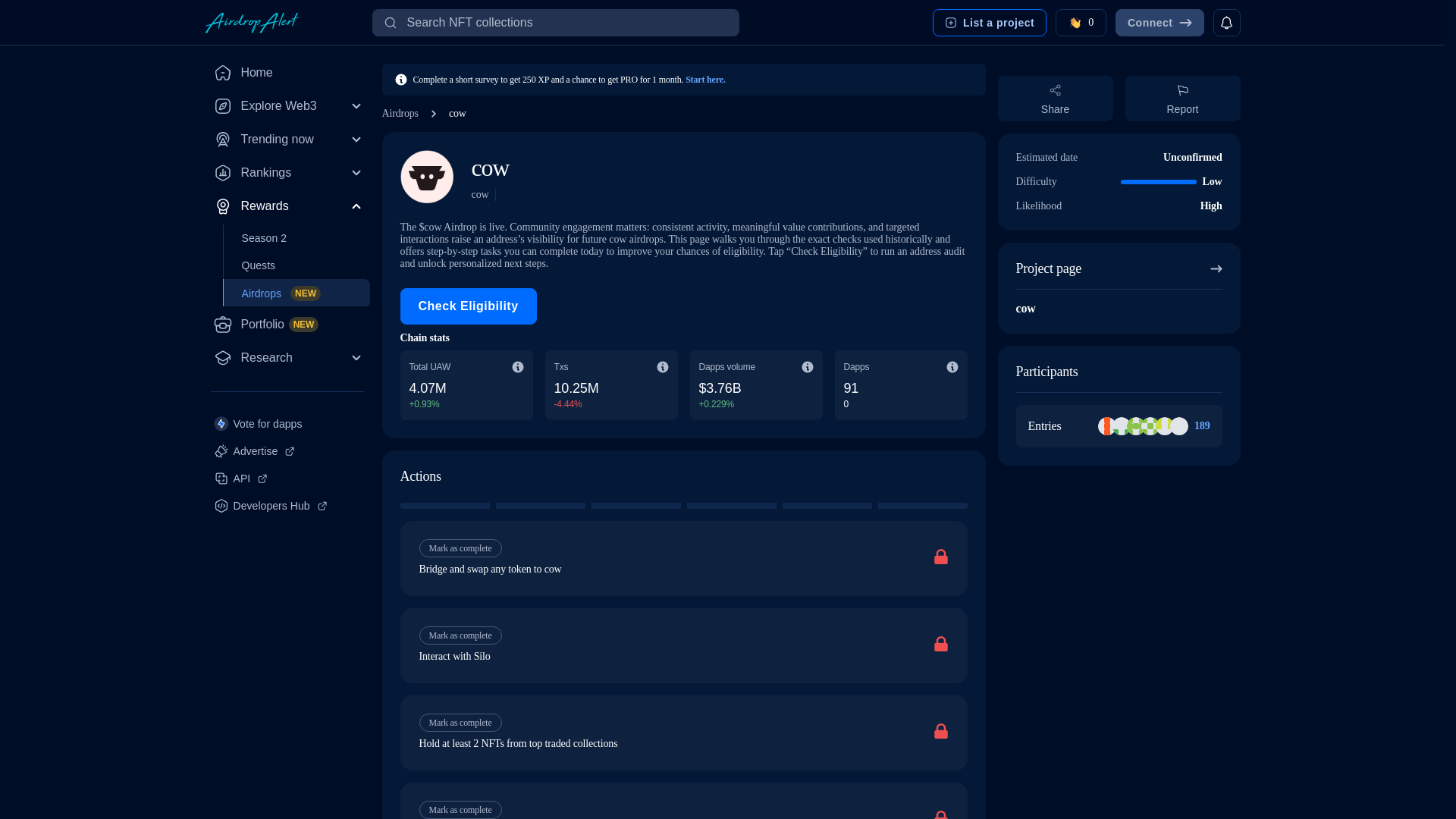 website screenshot of https://cow.airdropalert.us/eligibility