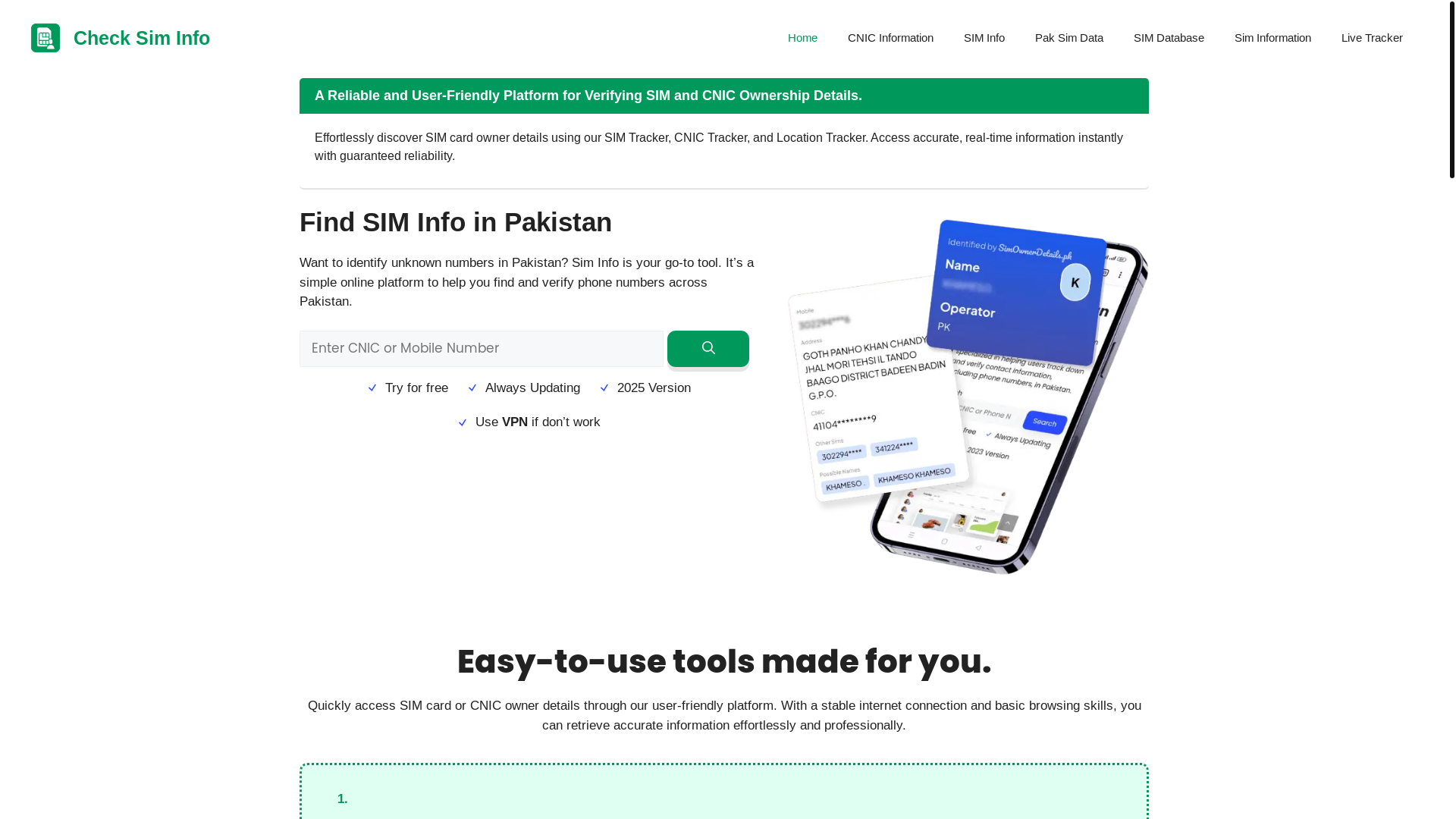 website screenshot of https://checksiminfo.com.pk/