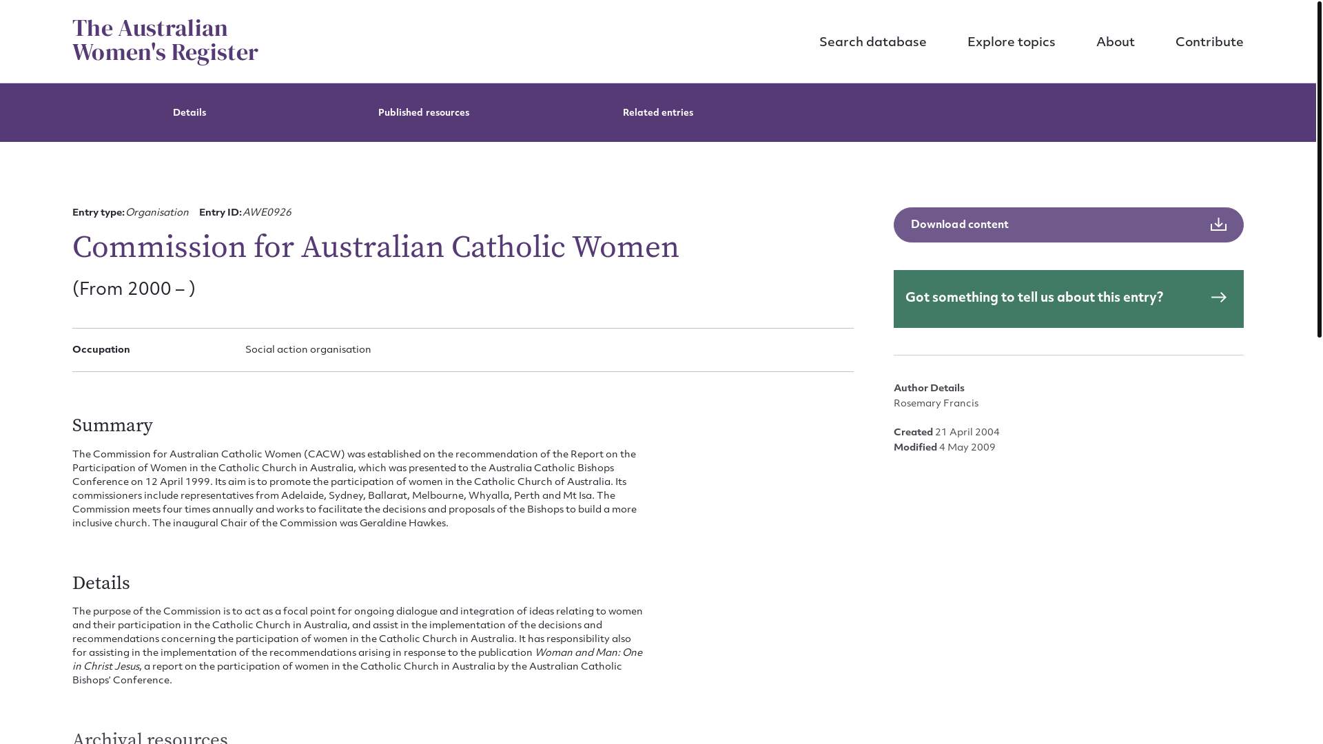 website screenshot of https://www.womenaustralia.info/entries/commission-for-australian-catholic-women/