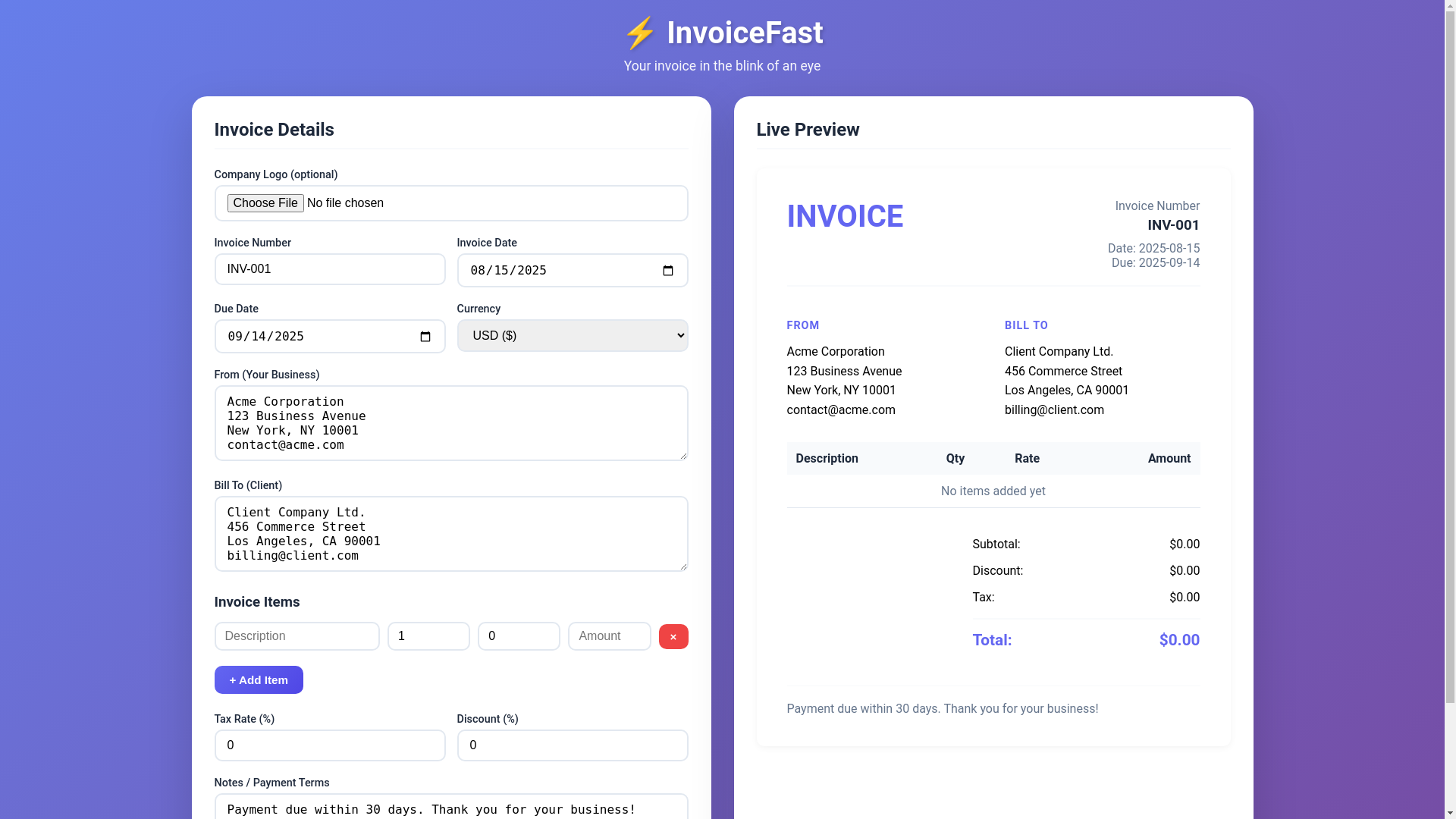 website screenshot of https://invoicefast.ink/