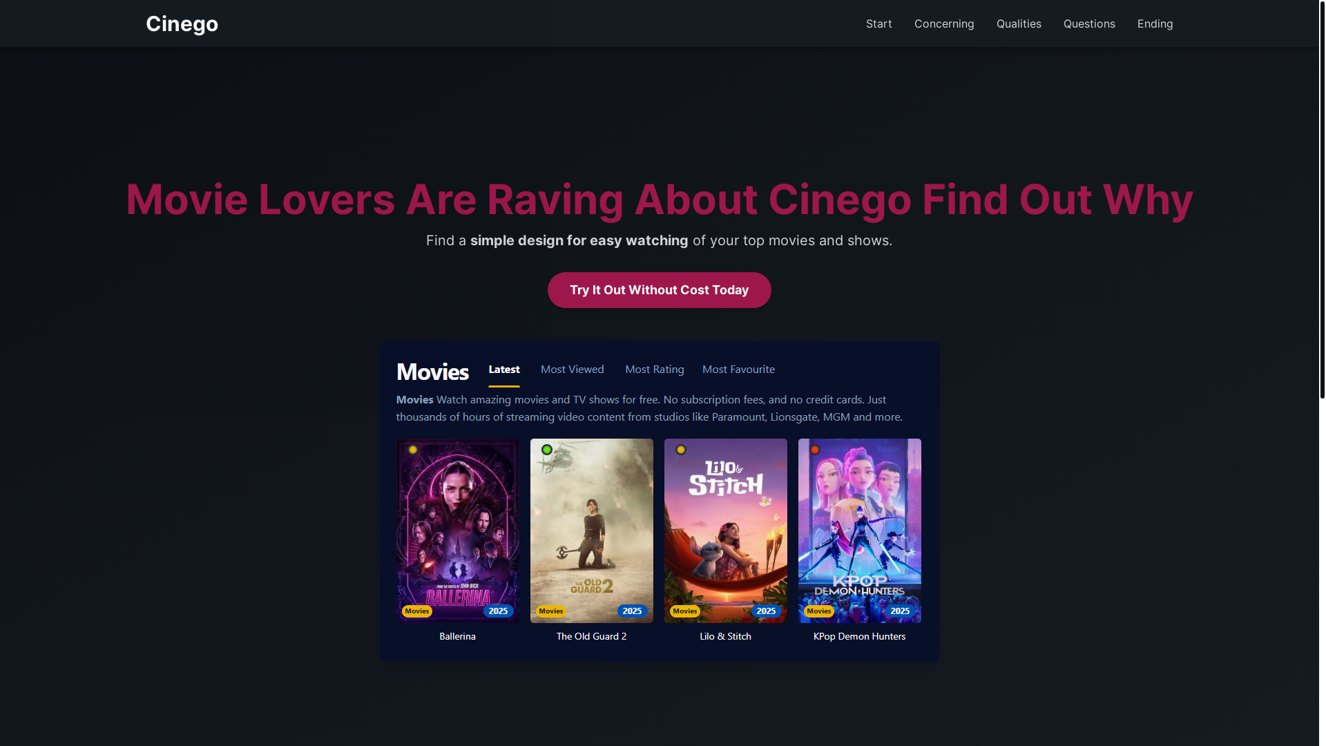 website screenshot of https://cinego-8bfa.pages.dev/