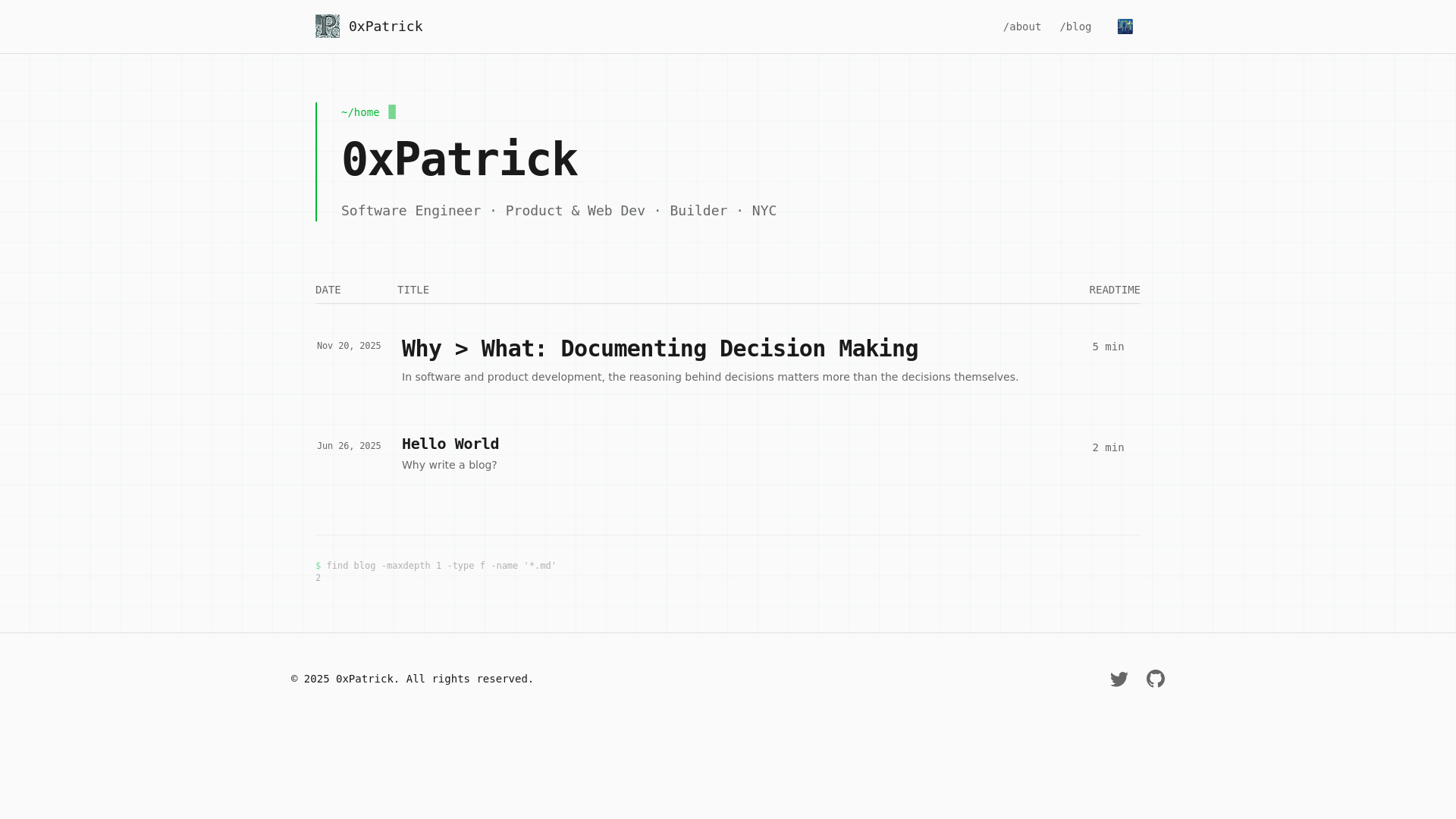 website screenshot of https://0xpatrick.dev/