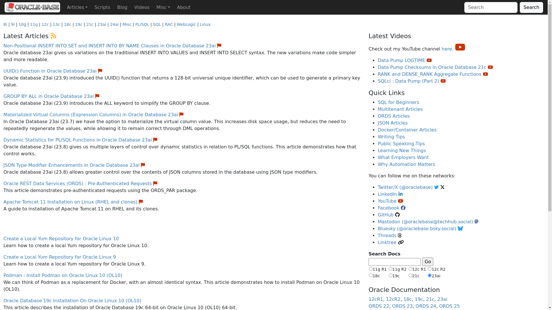 website screenshot of https://oracle-base.com/