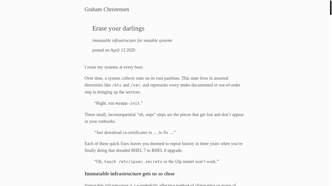 website screenshot of https://grahamc.com/blog/erase-your-darlings/