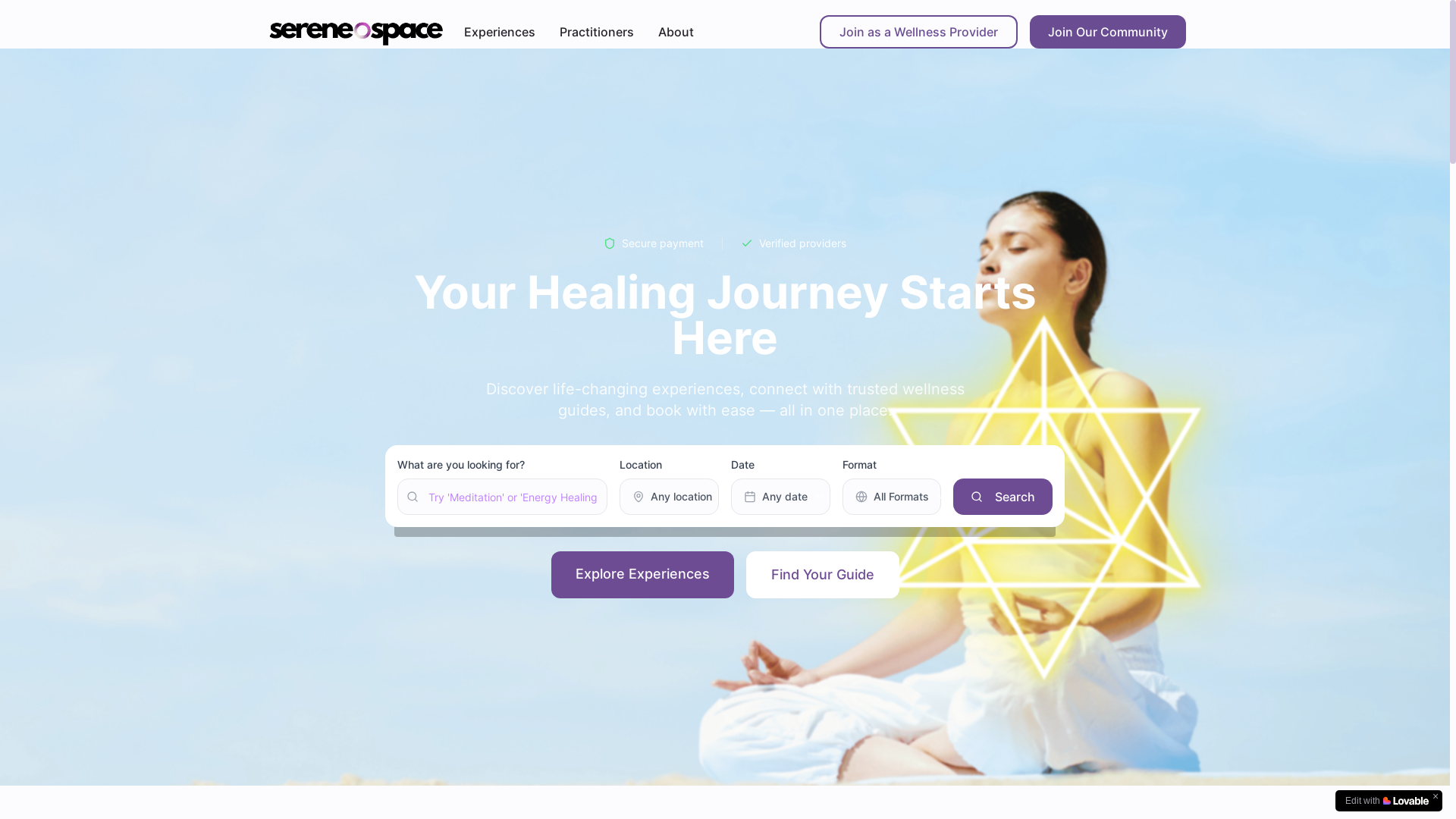 website screenshot of https://myserenespace.co/