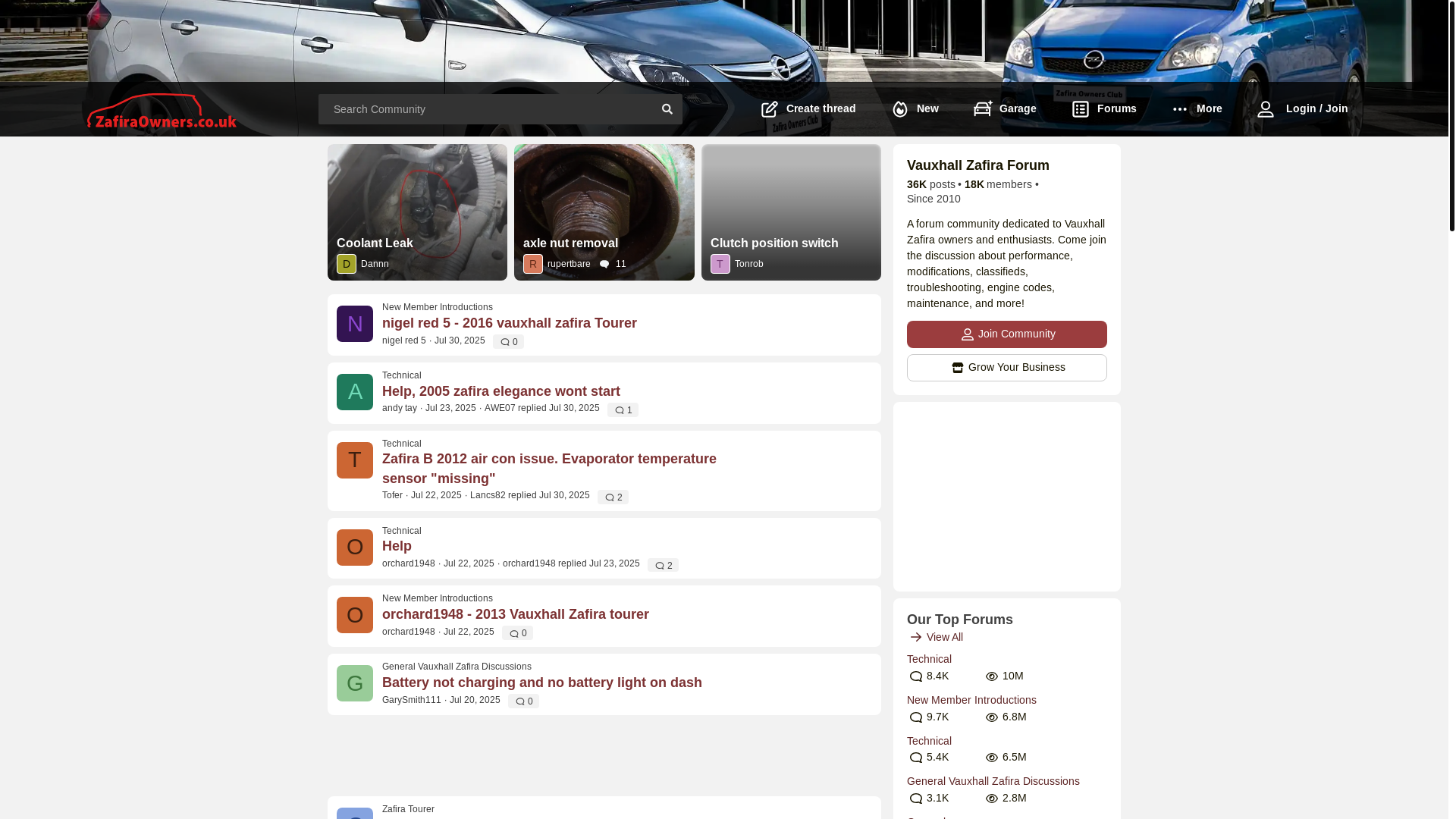 website screenshot of https://www.zafiraowners.co.uk/