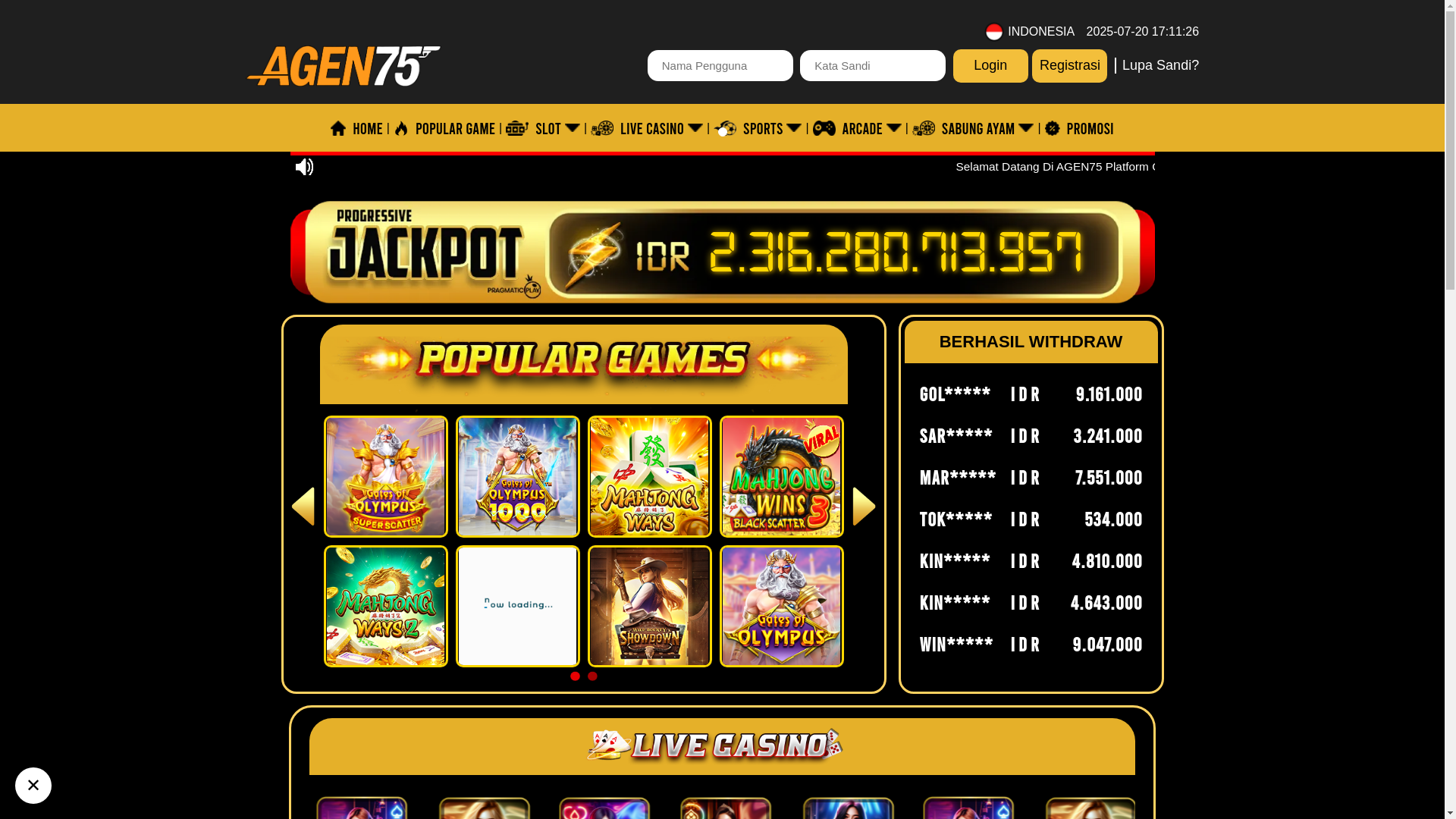 website screenshot of https://agen75asik.com/