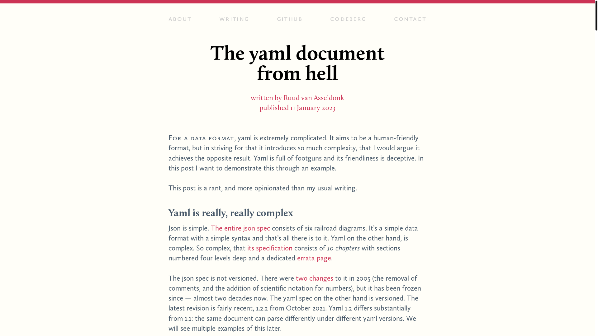website screenshot of https://ruudvanasseldonk.com/2023/01/11/the-yaml-document-from-hell