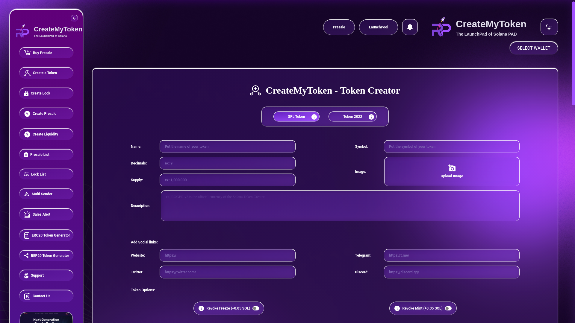 website screenshot of https://solana-token-generator.pages.dev/