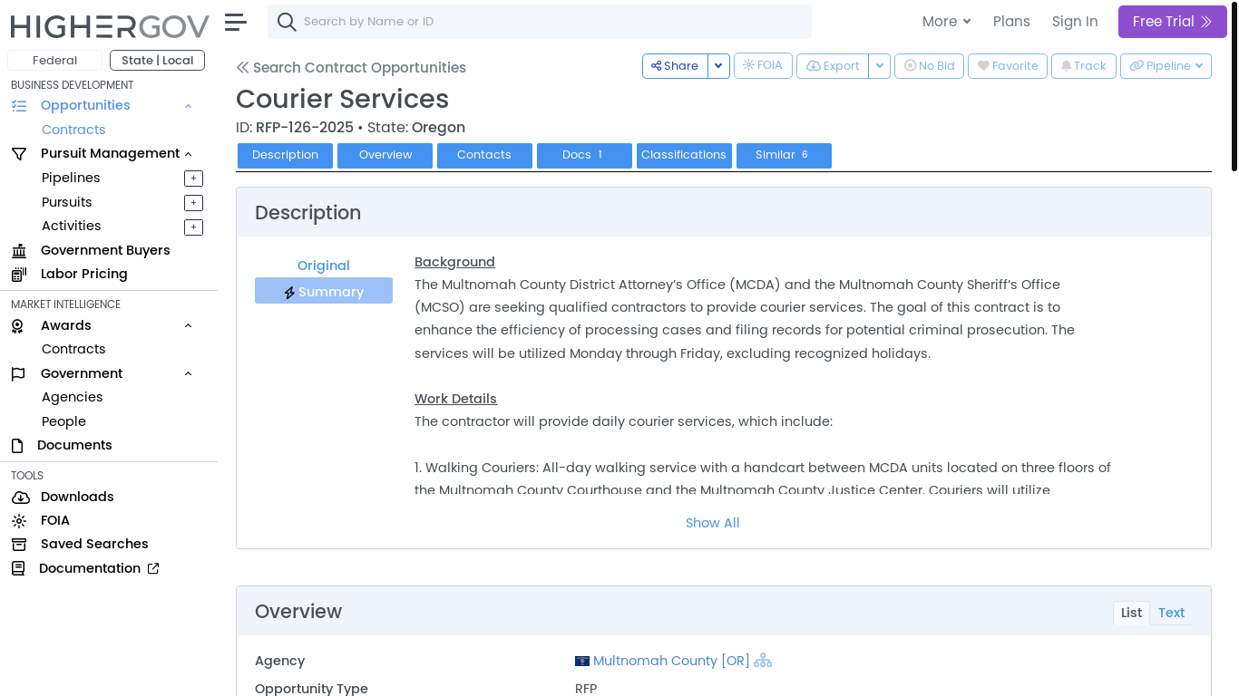 website screenshot of https://www.highergov.com/sl/contract-opportunity/or-courier-services-51820973/