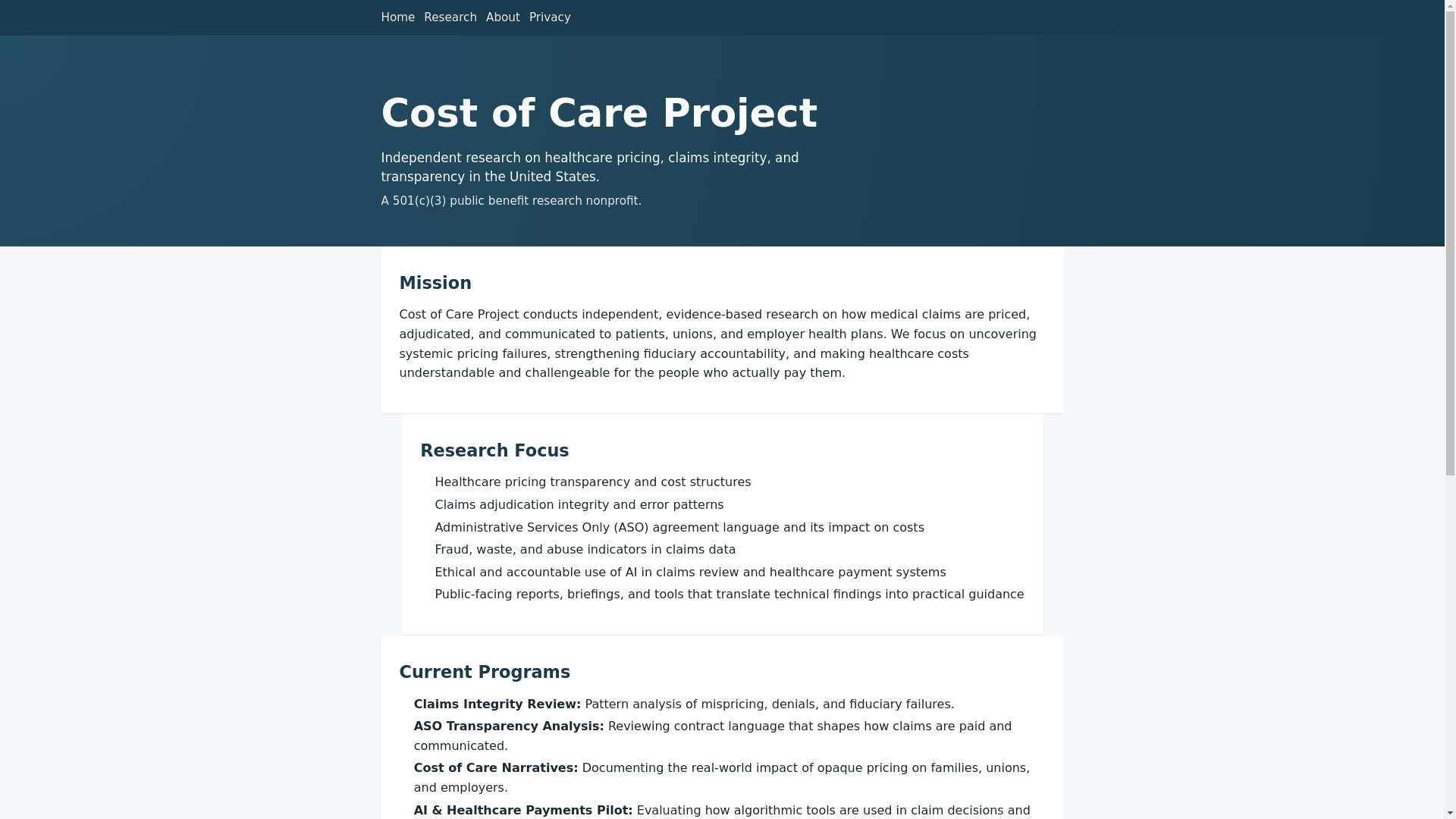 website screenshot of https://costofcareproject.org/