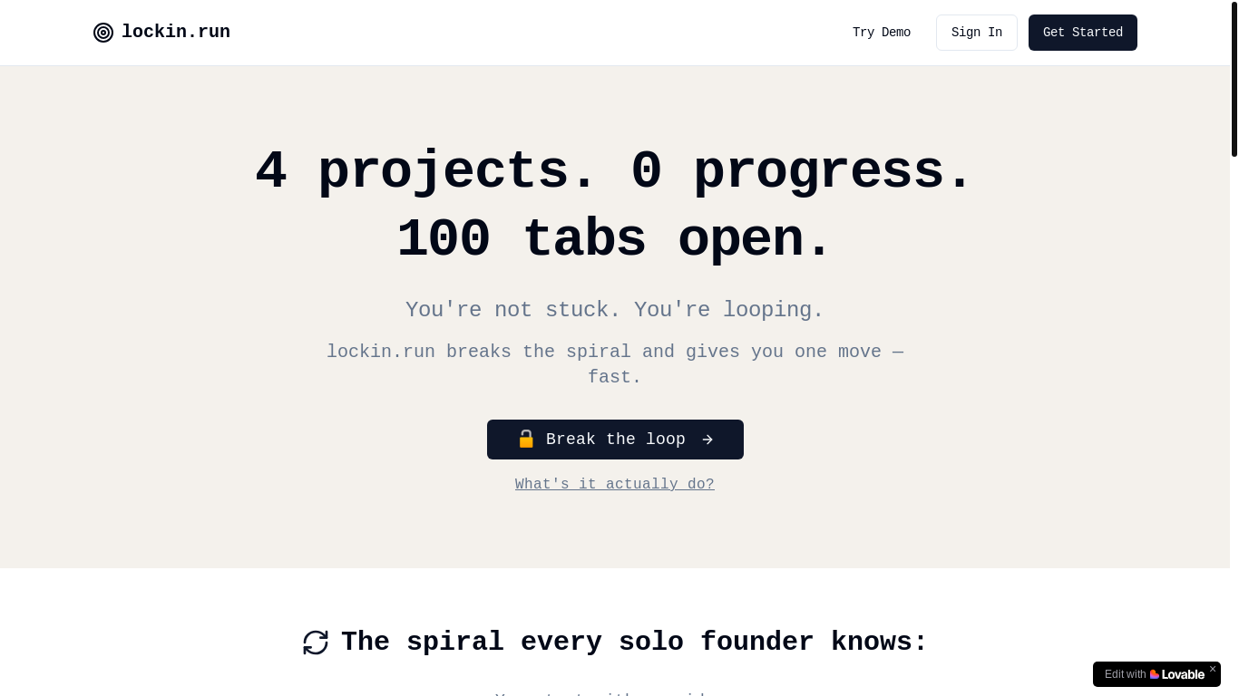 website screenshot of https://lockin.run/
