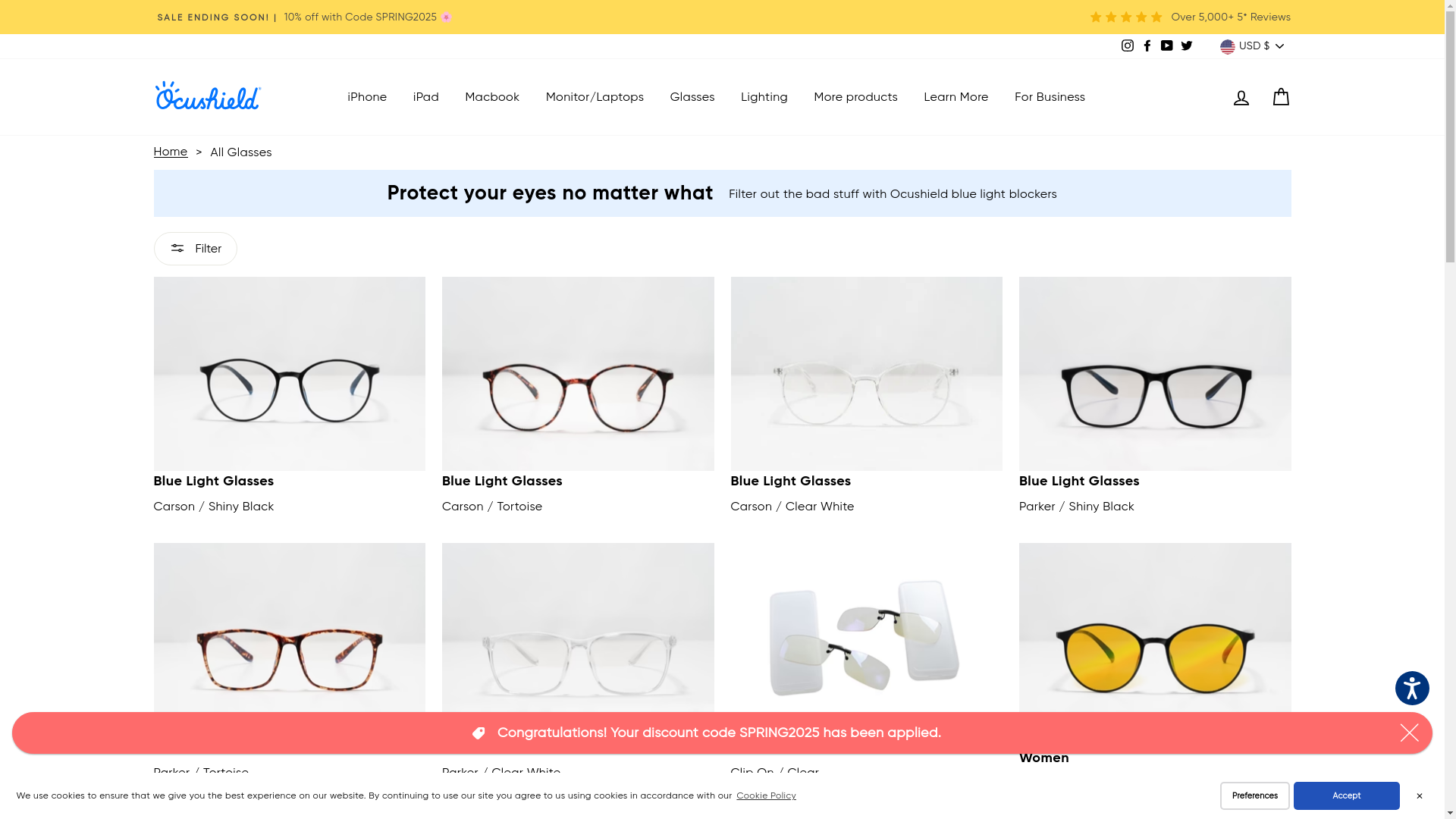 website screenshot of https://www.ocushield.com/collections/glasses
