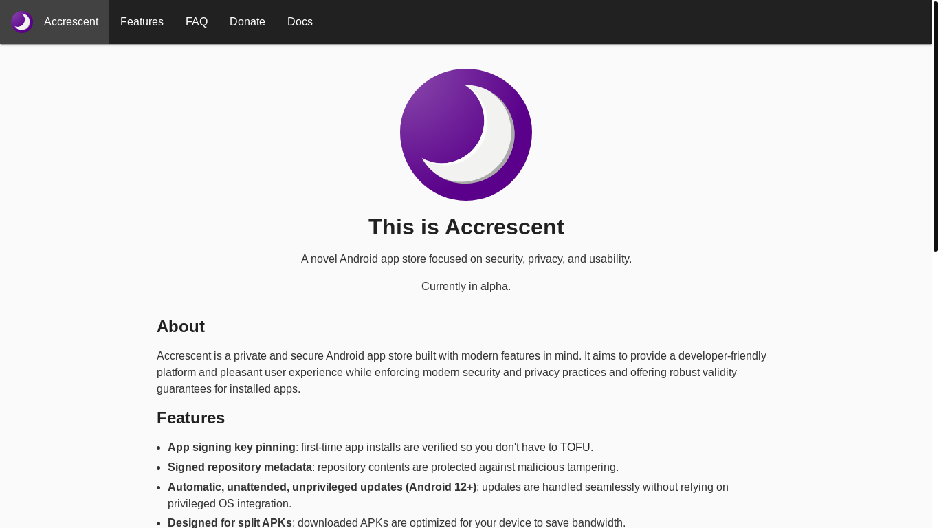 website screenshot of https://accrescent.app/