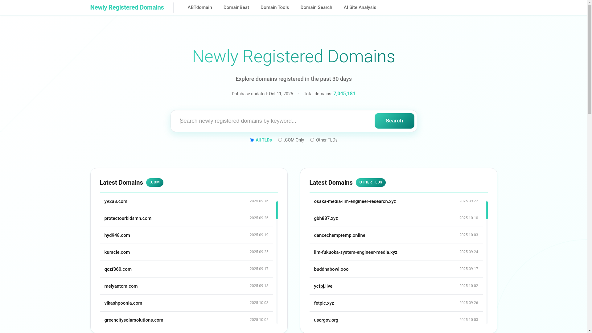 website screenshot of https://newlyregistereddomains.io/