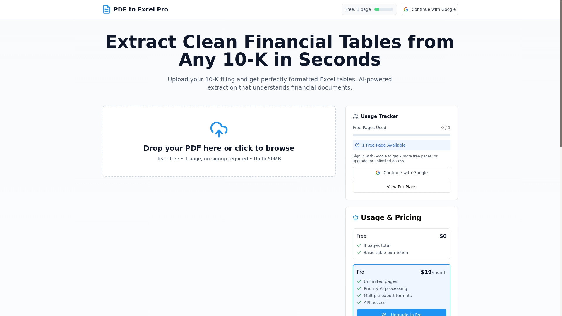 website screenshot of https://pdftoexcelpro.com/