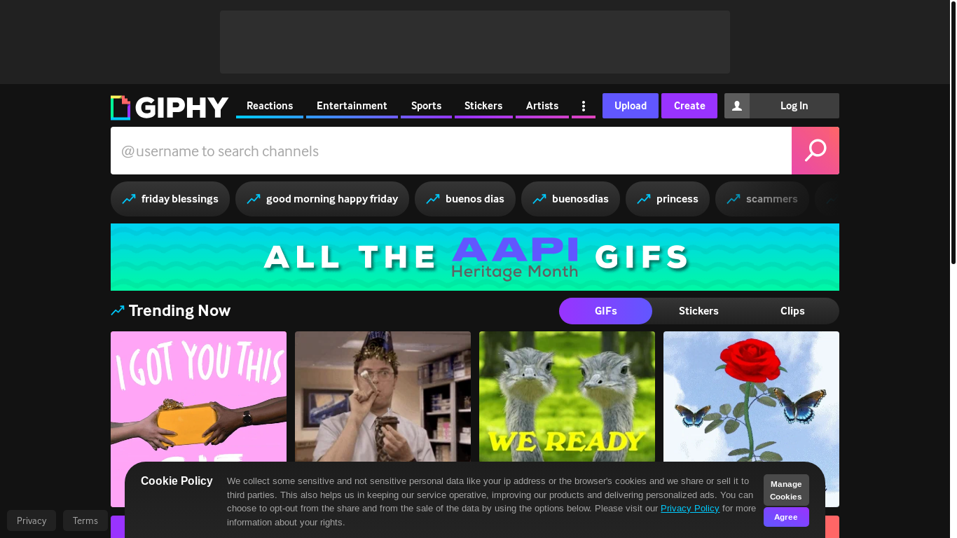 website screenshot of https://giphy.com/