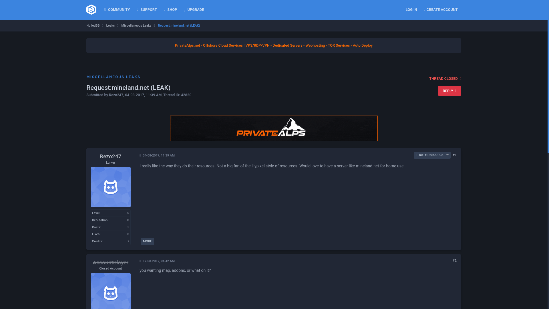 website screenshot of https://nulledbb.com/thread-Request-mineland-net-LEAK