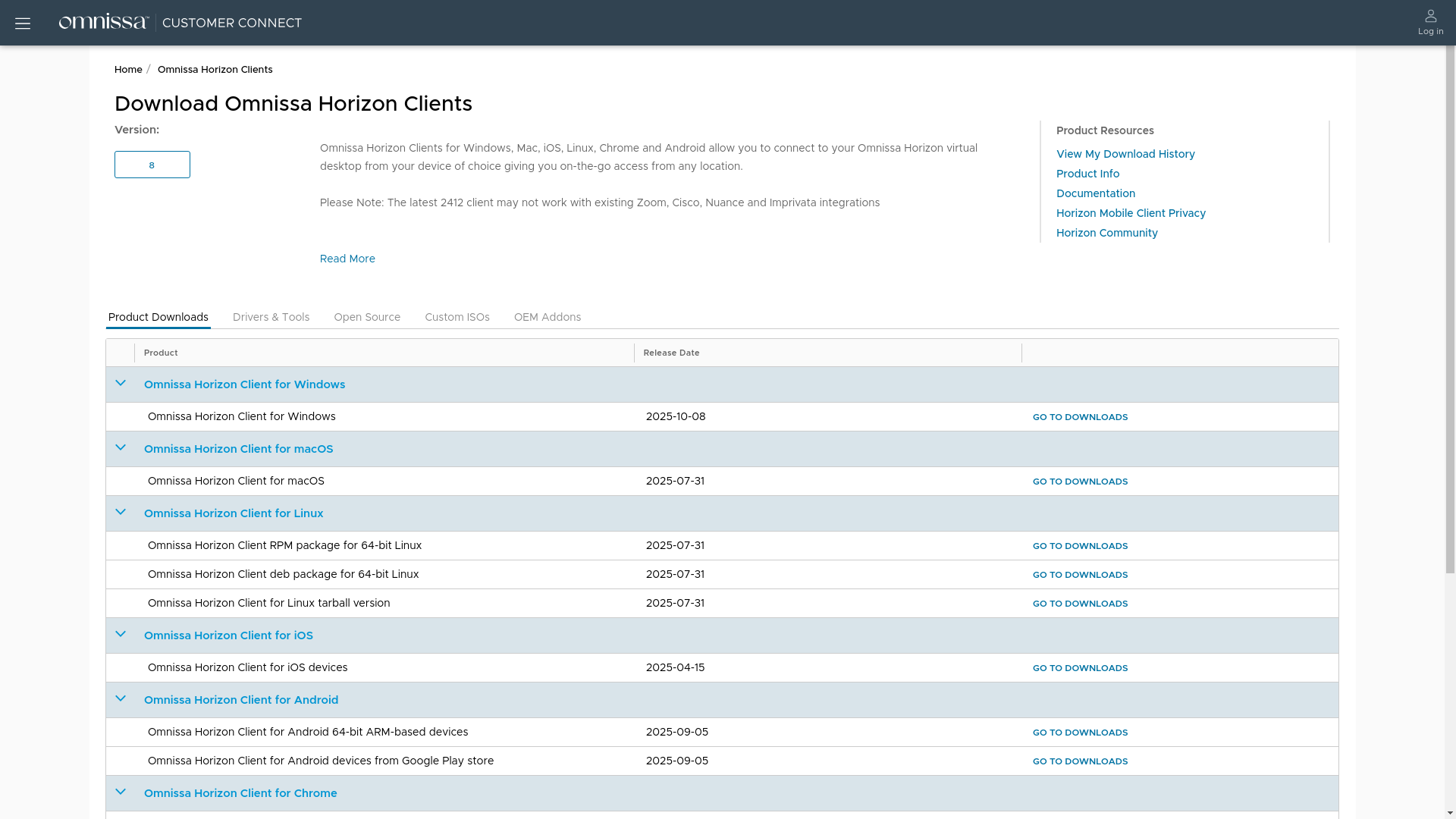 website screenshot of https://omnissa.link/horizonclient