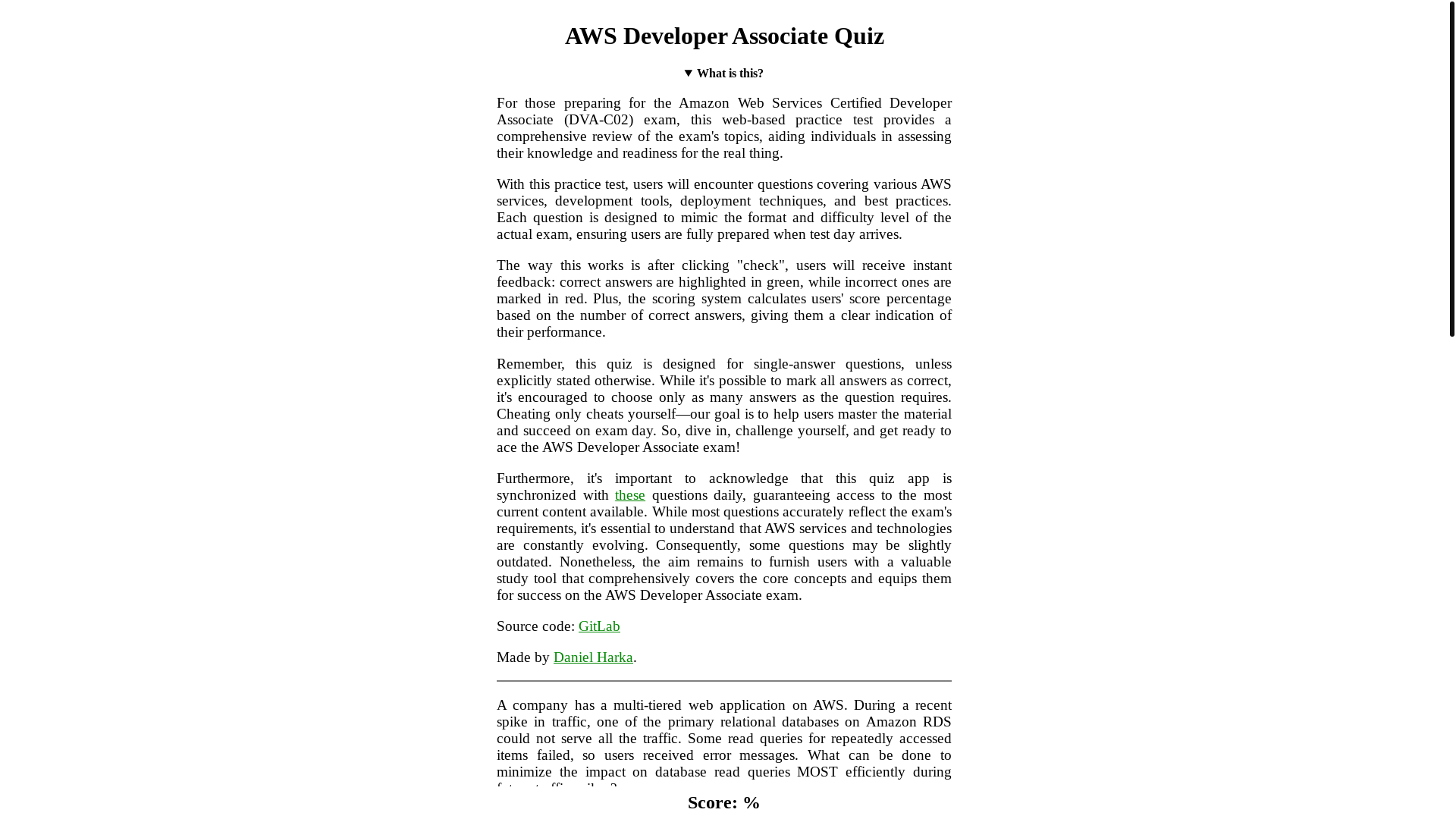 website screenshot of https://aws-developer-associate-quiz.pages.dev/