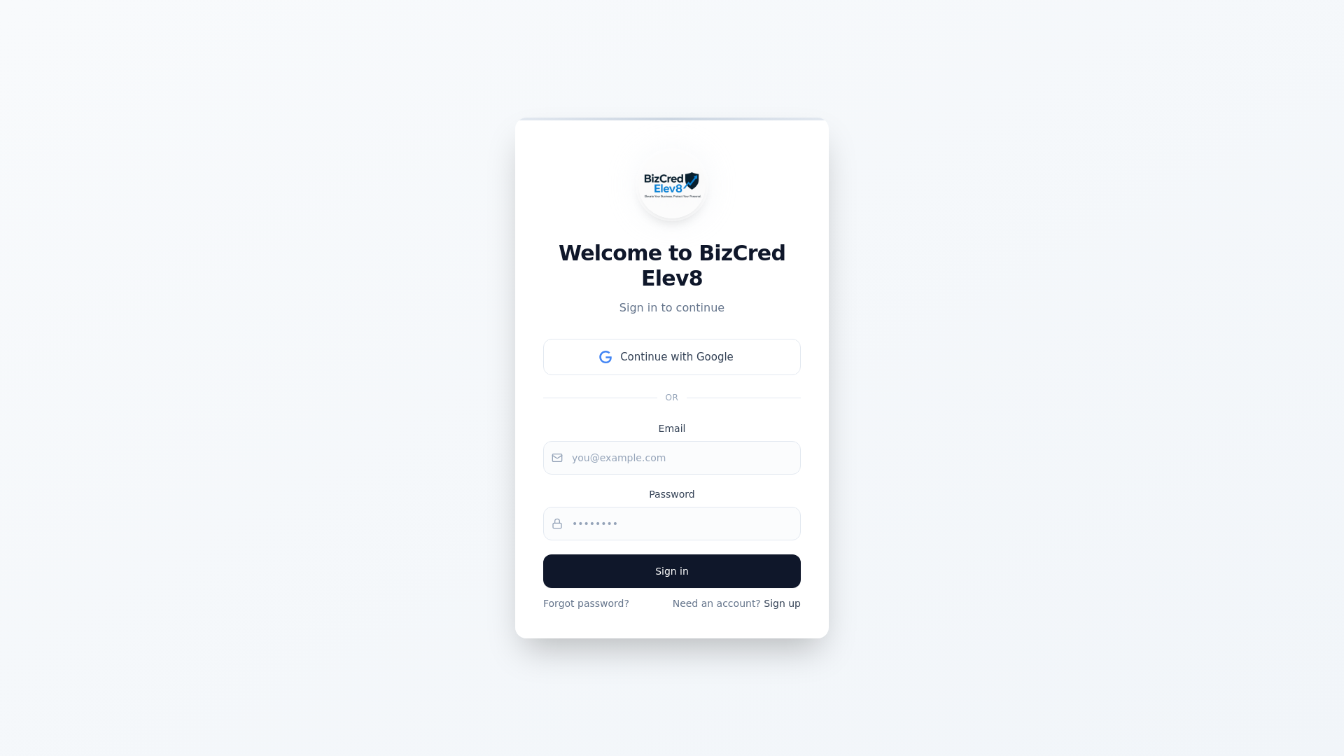 website screenshot of https://bizcredelev8.app/
