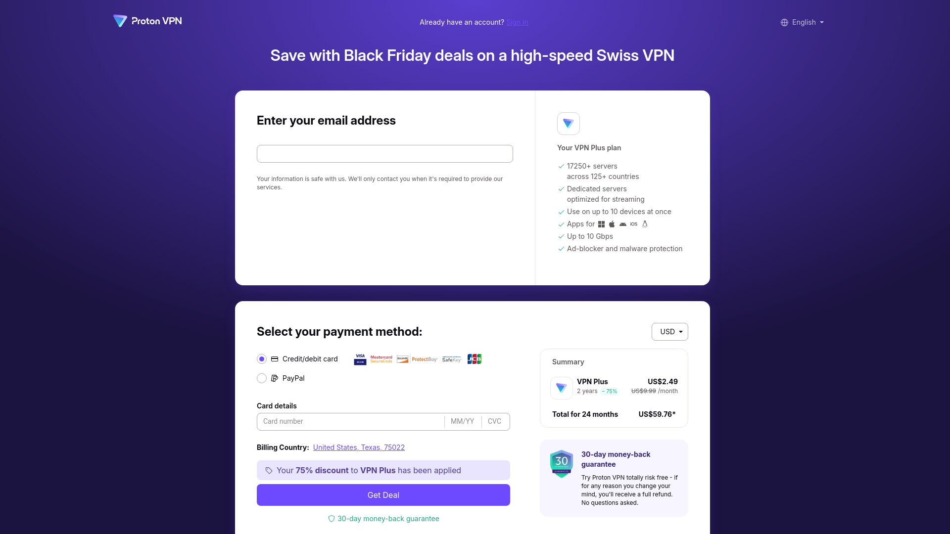 website screenshot of https://join.protonvpn.com/signup?v=b&plan=vpn2024&billing=24&currency=USD&coupon=BF25DEALVM