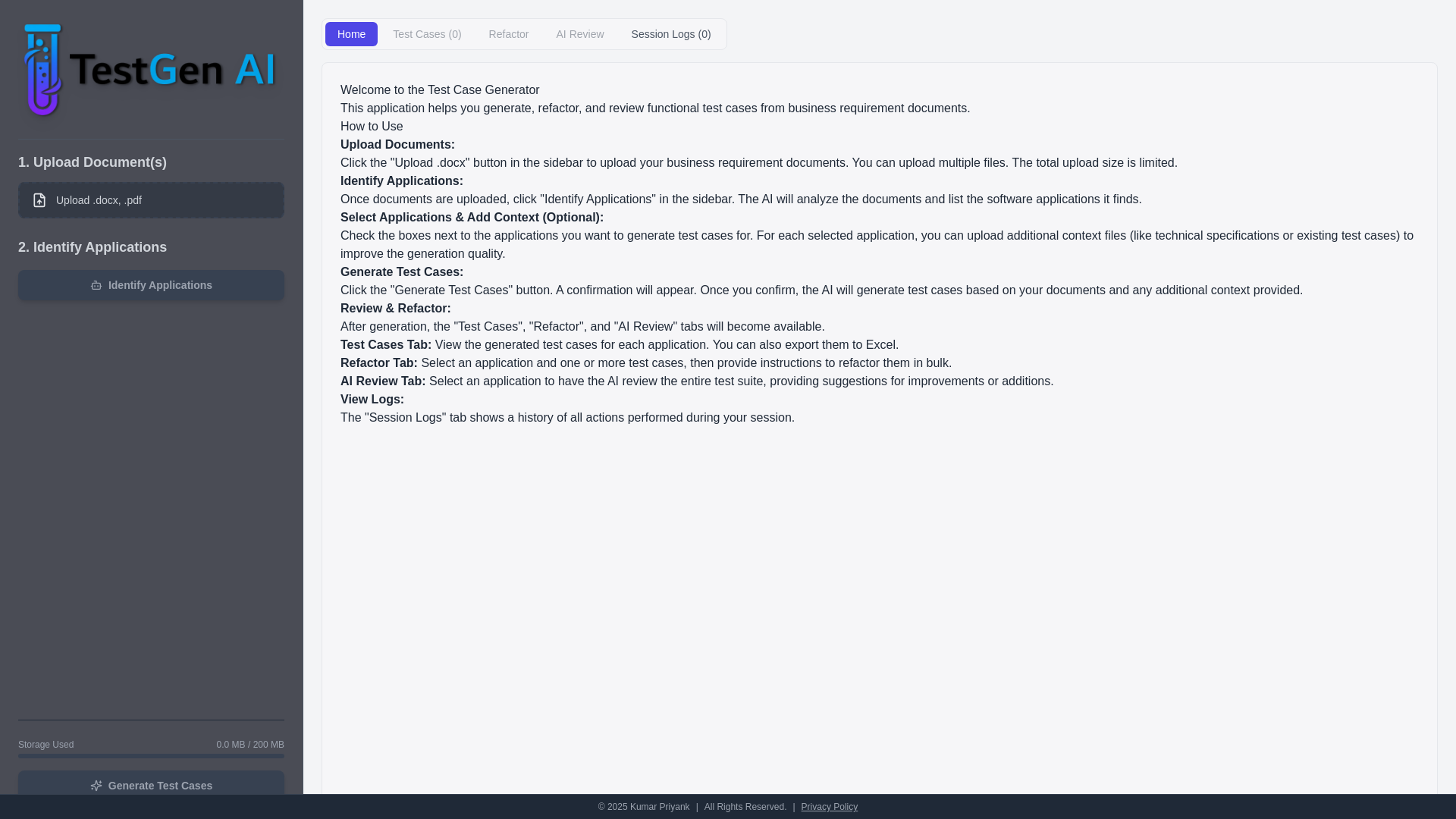 website screenshot of https://testgenai.space/
