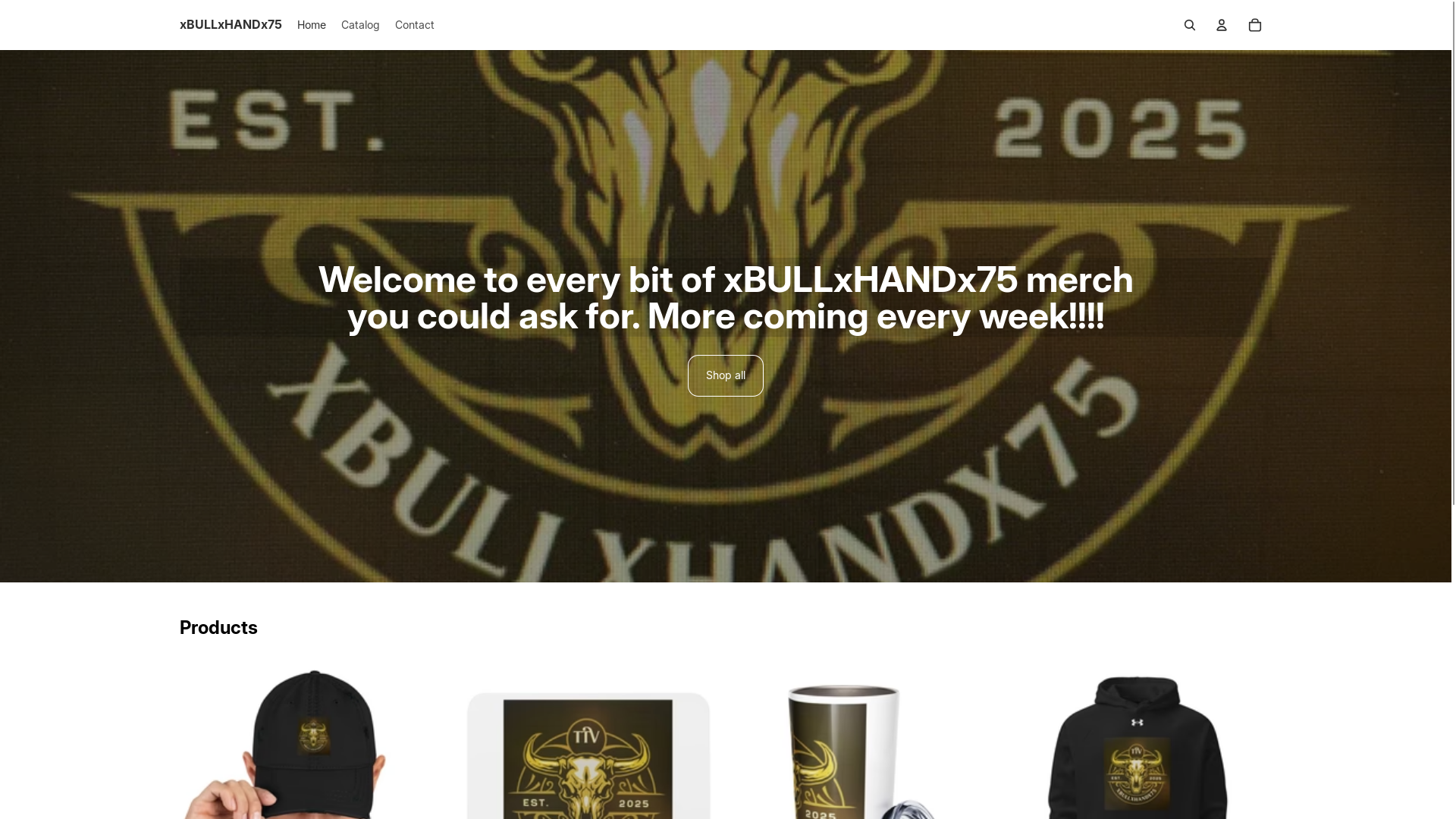 website screenshot of https://xbullxhandx75merch.com/