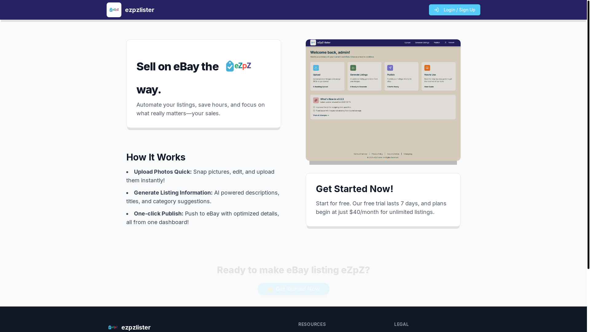 website screenshot of https://ezpzlister.com/