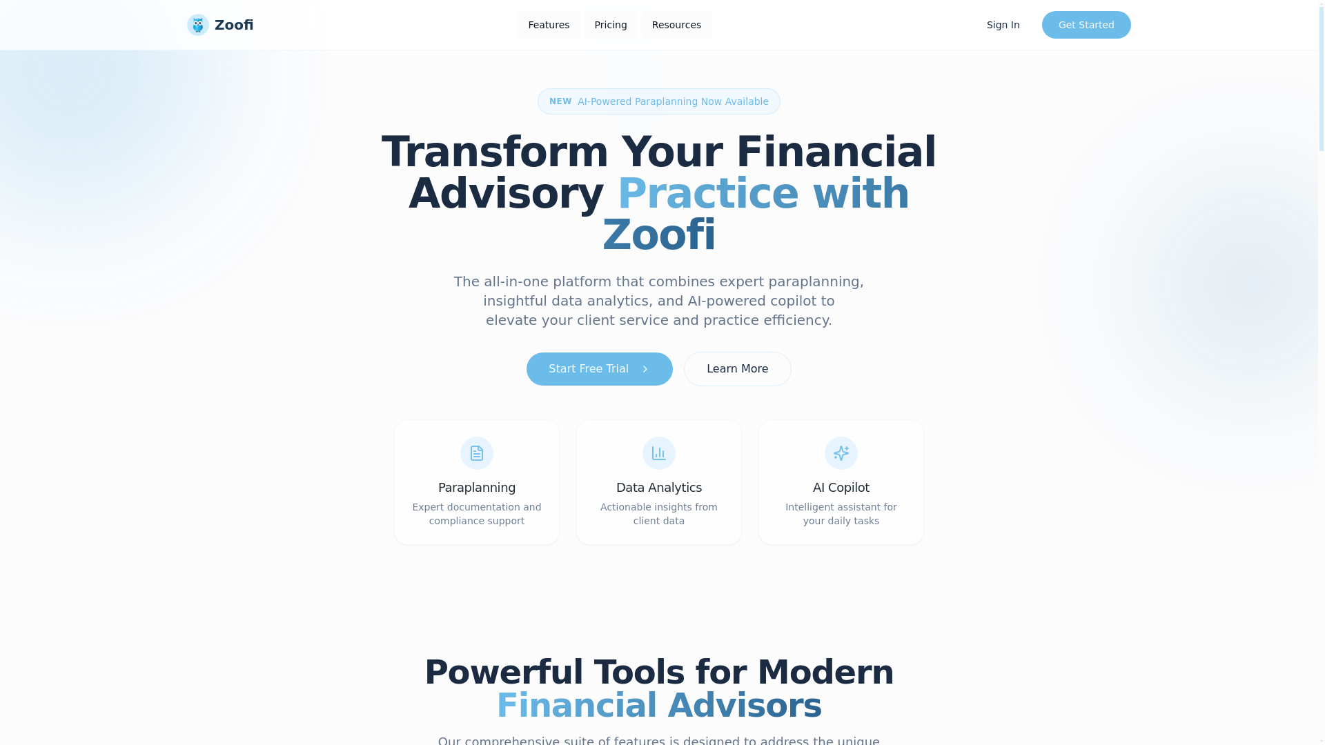 website screenshot of https://zoofi-analytics-ai-app.pages.dev/