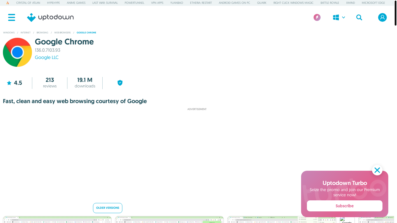 website screenshot of https://google-chrome.en.uptodown.com/