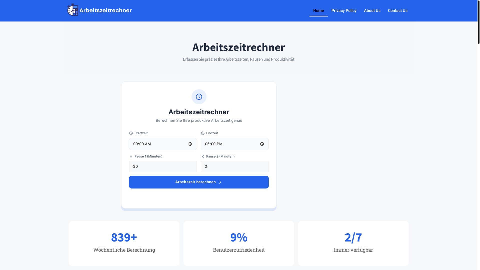 website screenshot of https://mein-arbeitszeitrechner.de/