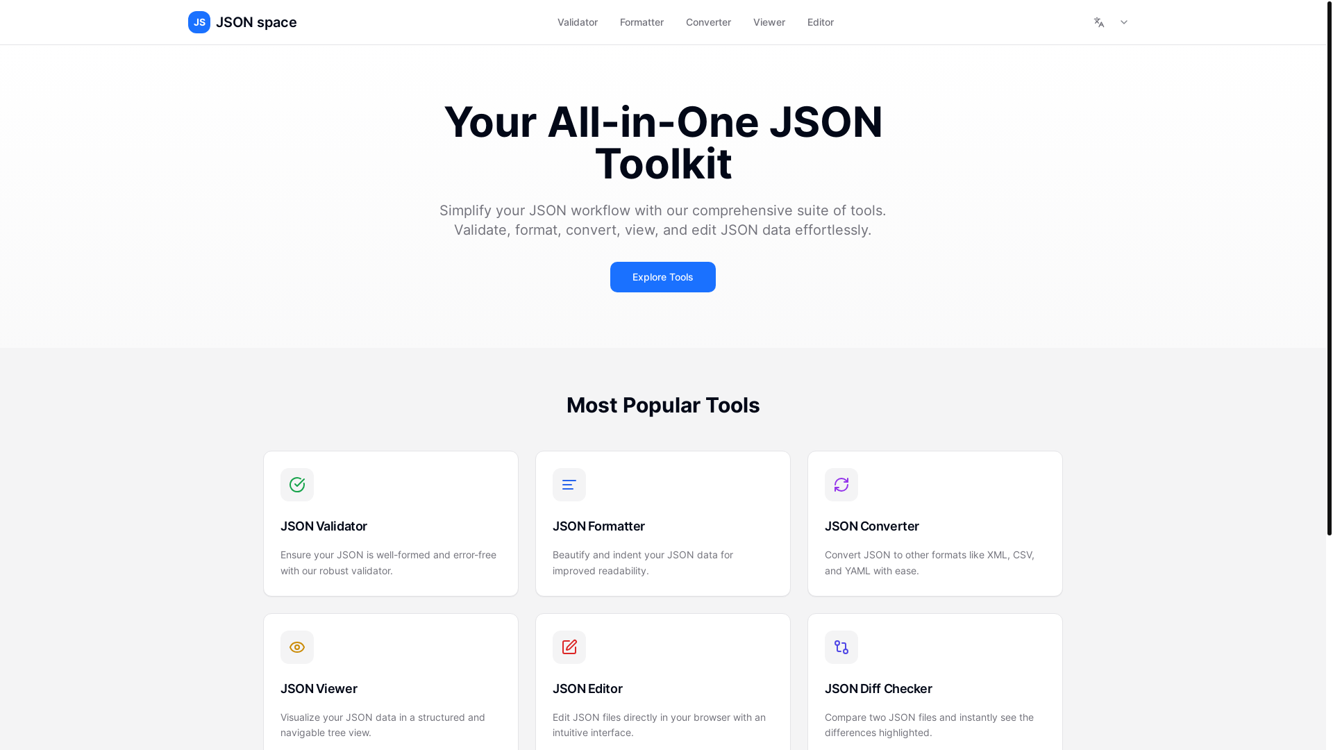 website screenshot of https://json-space.pages.dev/