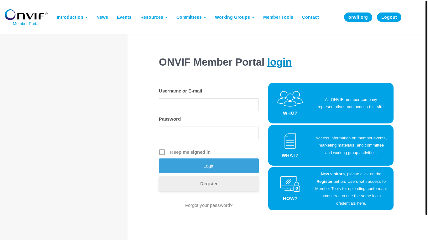website screenshot of https://members.onvif.org/login/?redirect_to=https%3A%2F%2Fmembers.onvif.org%2Flogout%2F